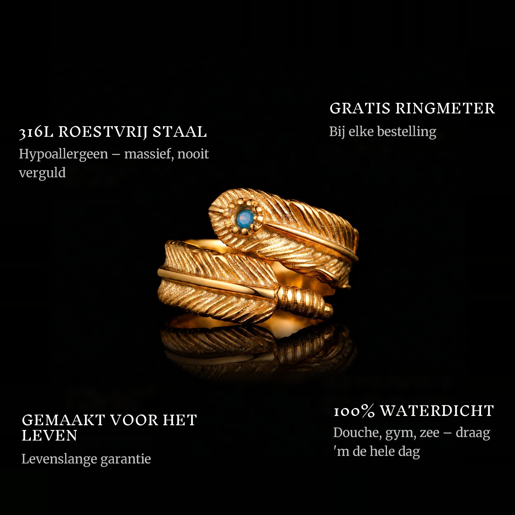 Dodo Gold & Blue ring features: 316L stainless steel, free ring sizer in every order, 100% waterproof, lifetime guarantee