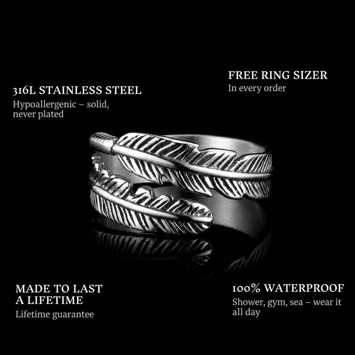Dodo ring features: 316L stainless steel, free ring sizer in every order, 100% waterproof, lifetime guarantee