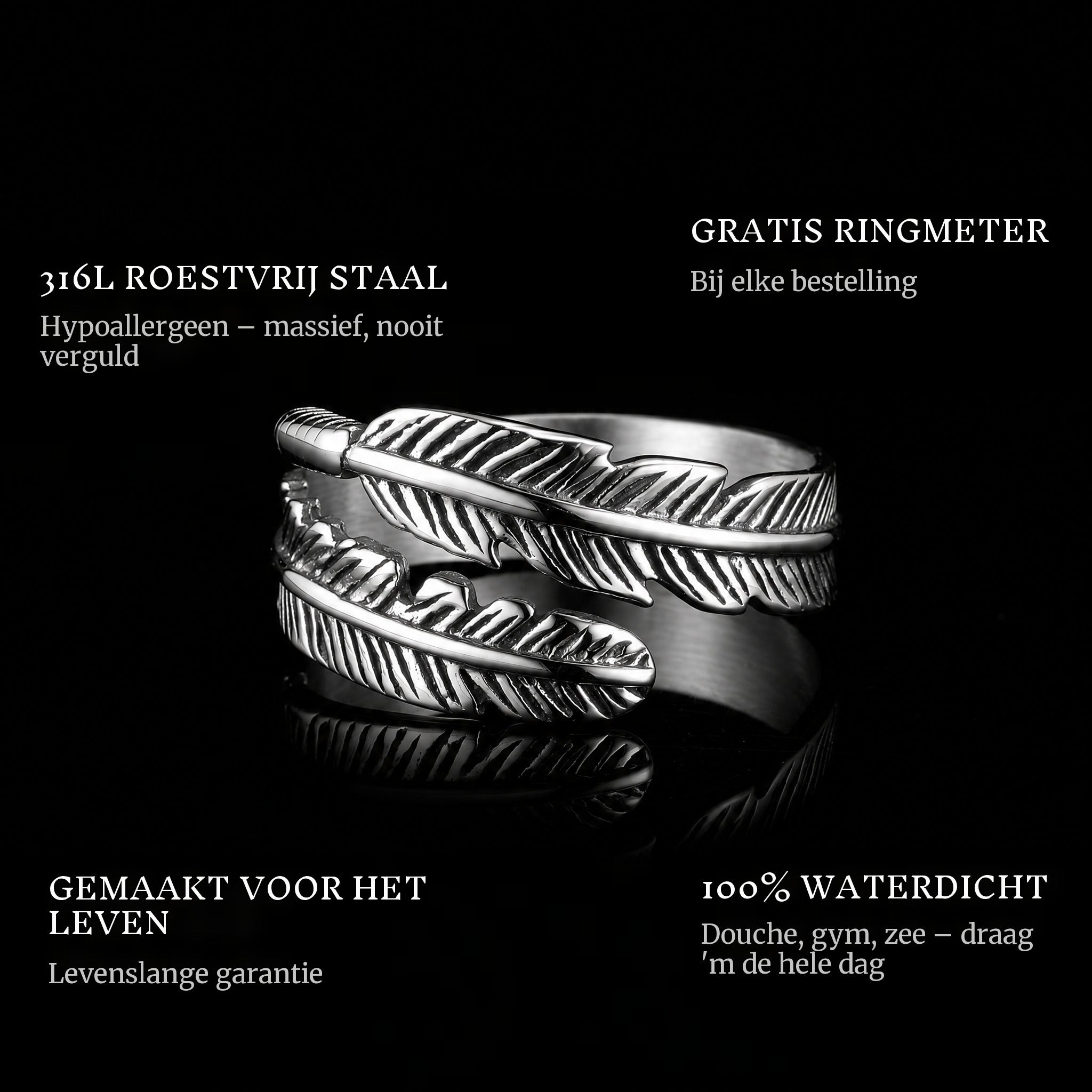 Dodo ring features: 316L stainless steel, free ring sizer in every order, 100% waterproof, lifetime guarantee
