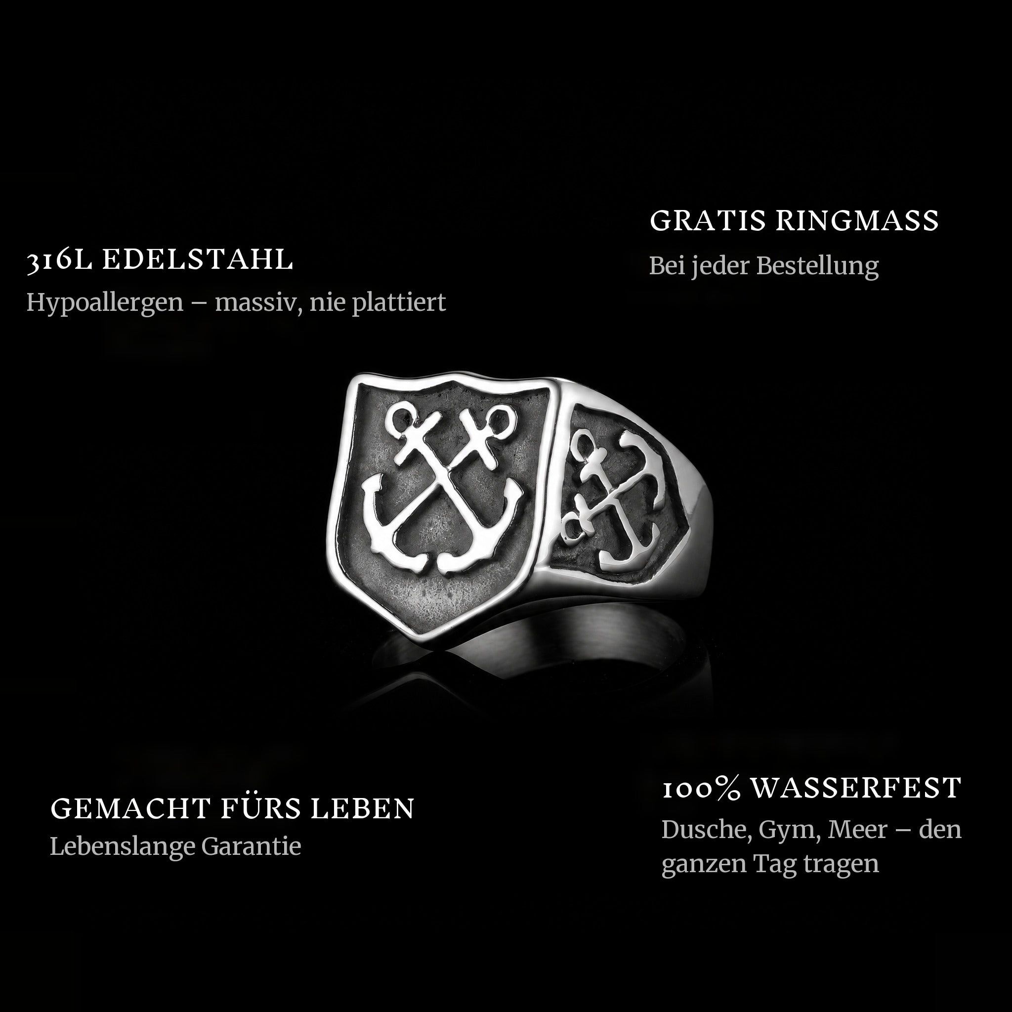 Don'T Cross ring features: 316L stainless steel, free ring sizer in every order, 100% waterproof, lifetime guarantee