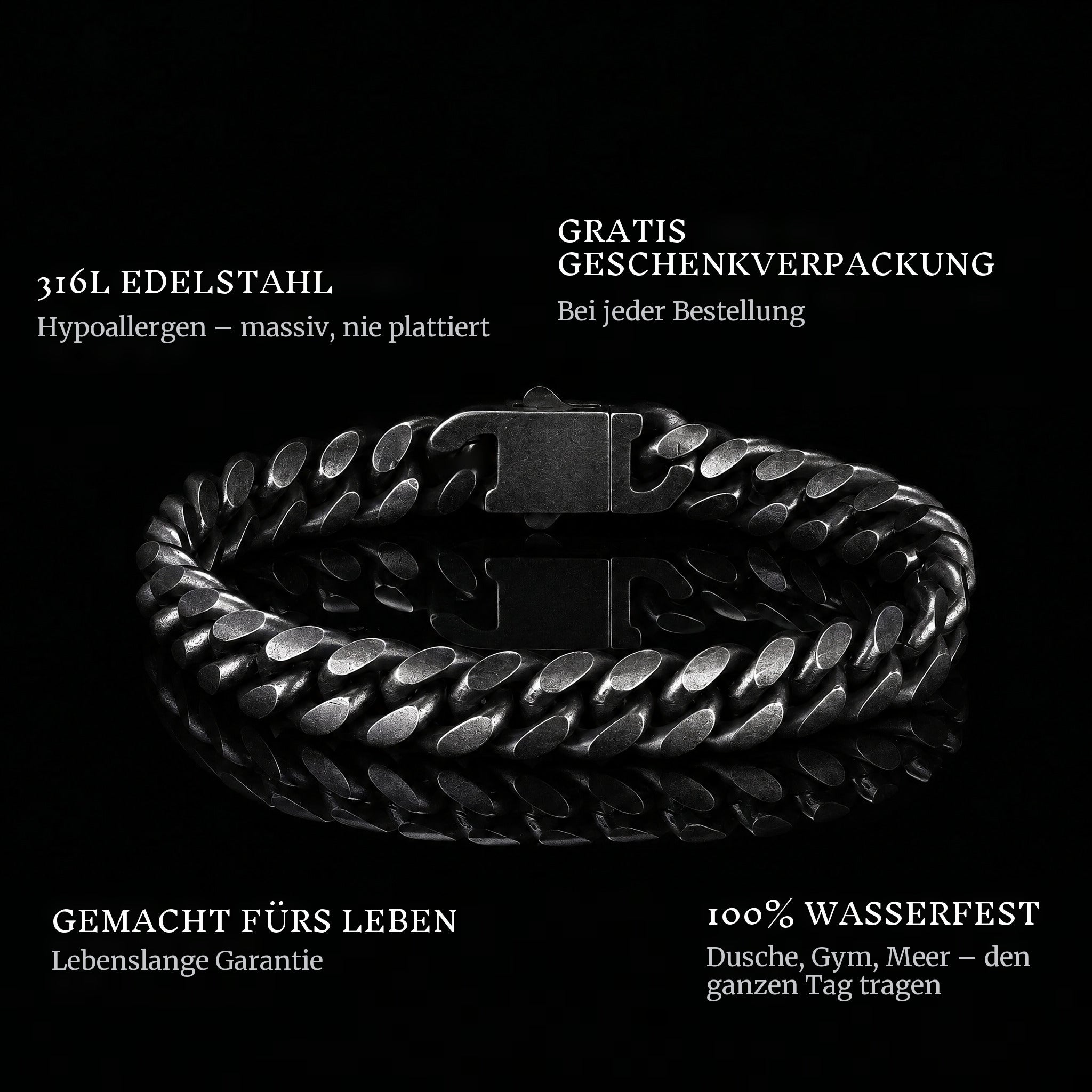 Enforcer features: 316L stainless steel, free gift packaging, 100% waterproof, lifetime guarantee