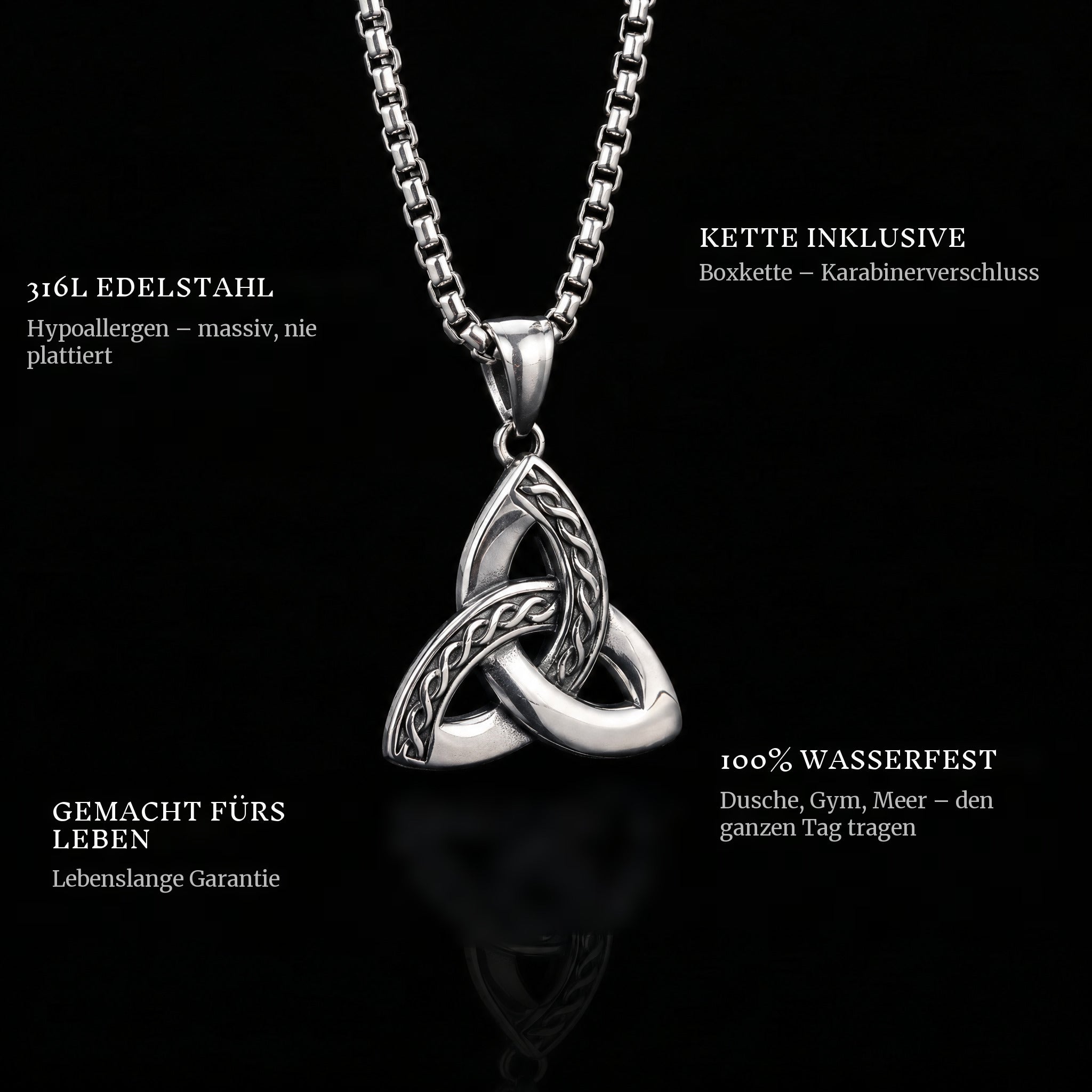 Eternal Bond pendant features: 316L stainless steel, chain included, 100% waterproof, lifetime guarantee