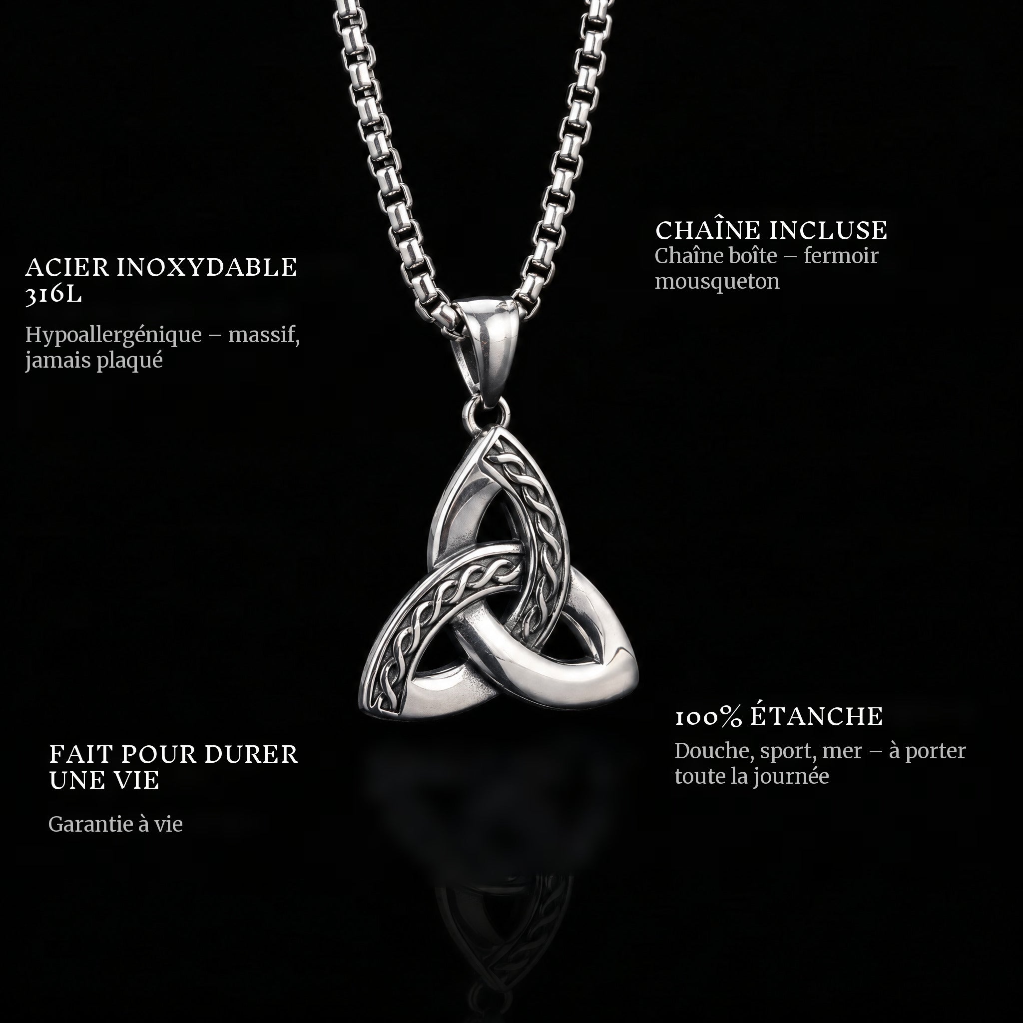 Eternal Bond pendant features: 316L stainless steel, chain included, 100% waterproof, lifetime guarantee