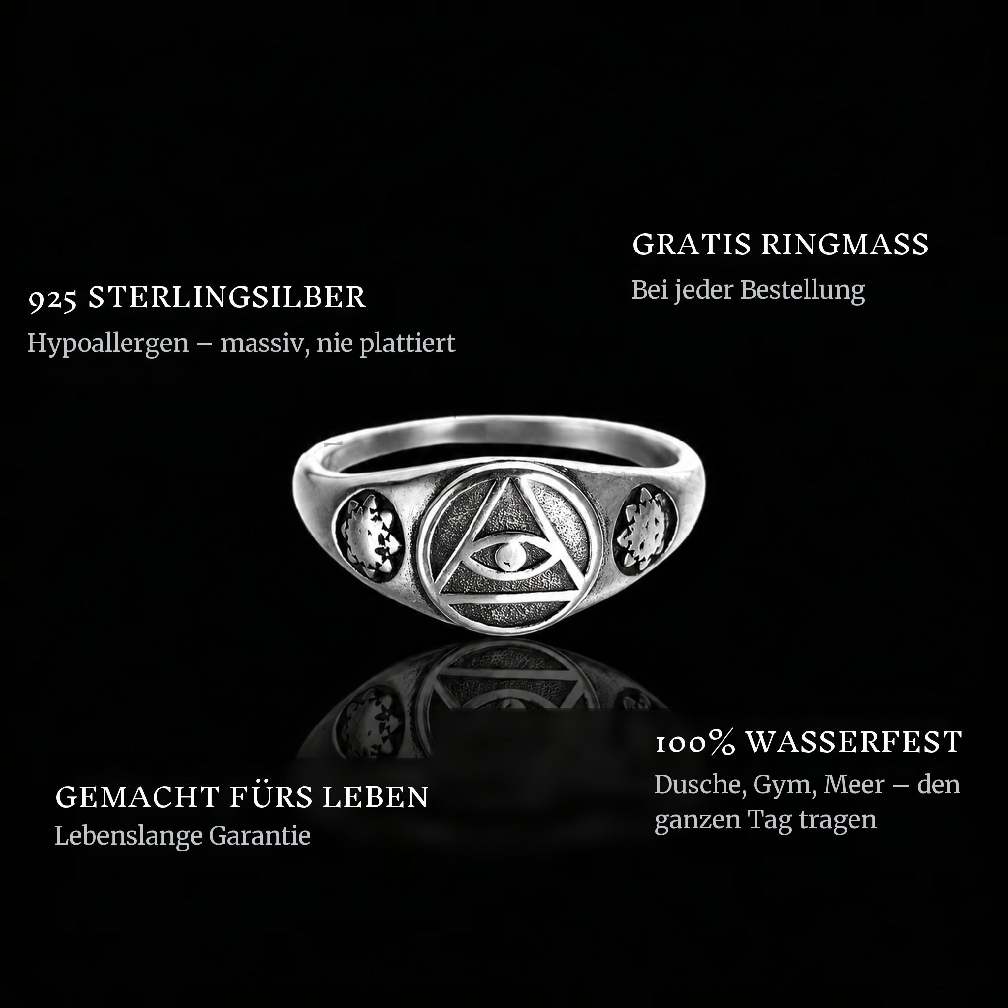 Eye Of The Sky ring features: 925 sterling silver, free ring sizer in every order, 100% waterproof, lifetime guarantee