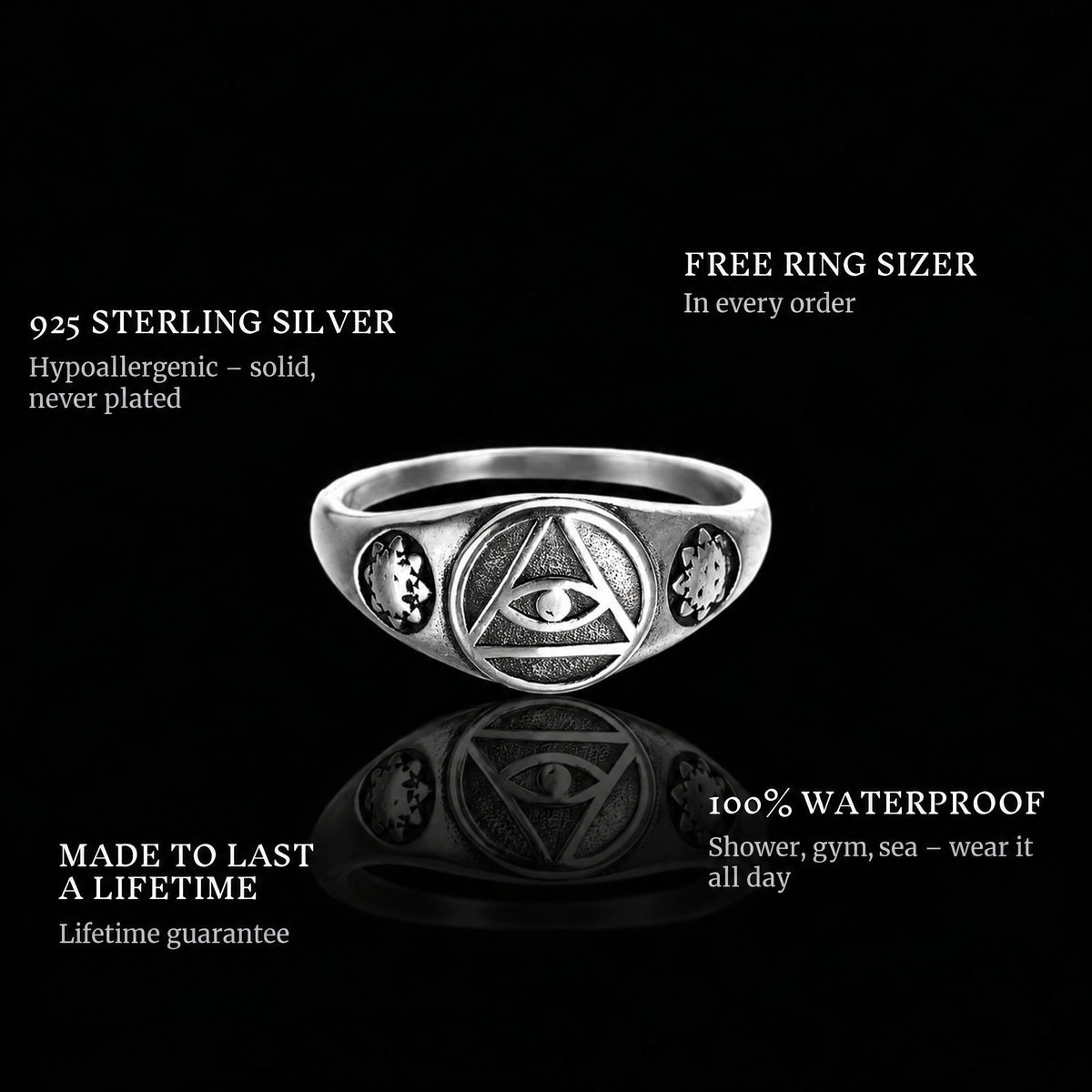 Eye Of The Sky ring features: 925 sterling silver, free ring sizer in every order, 100% waterproof, lifetime guarantee