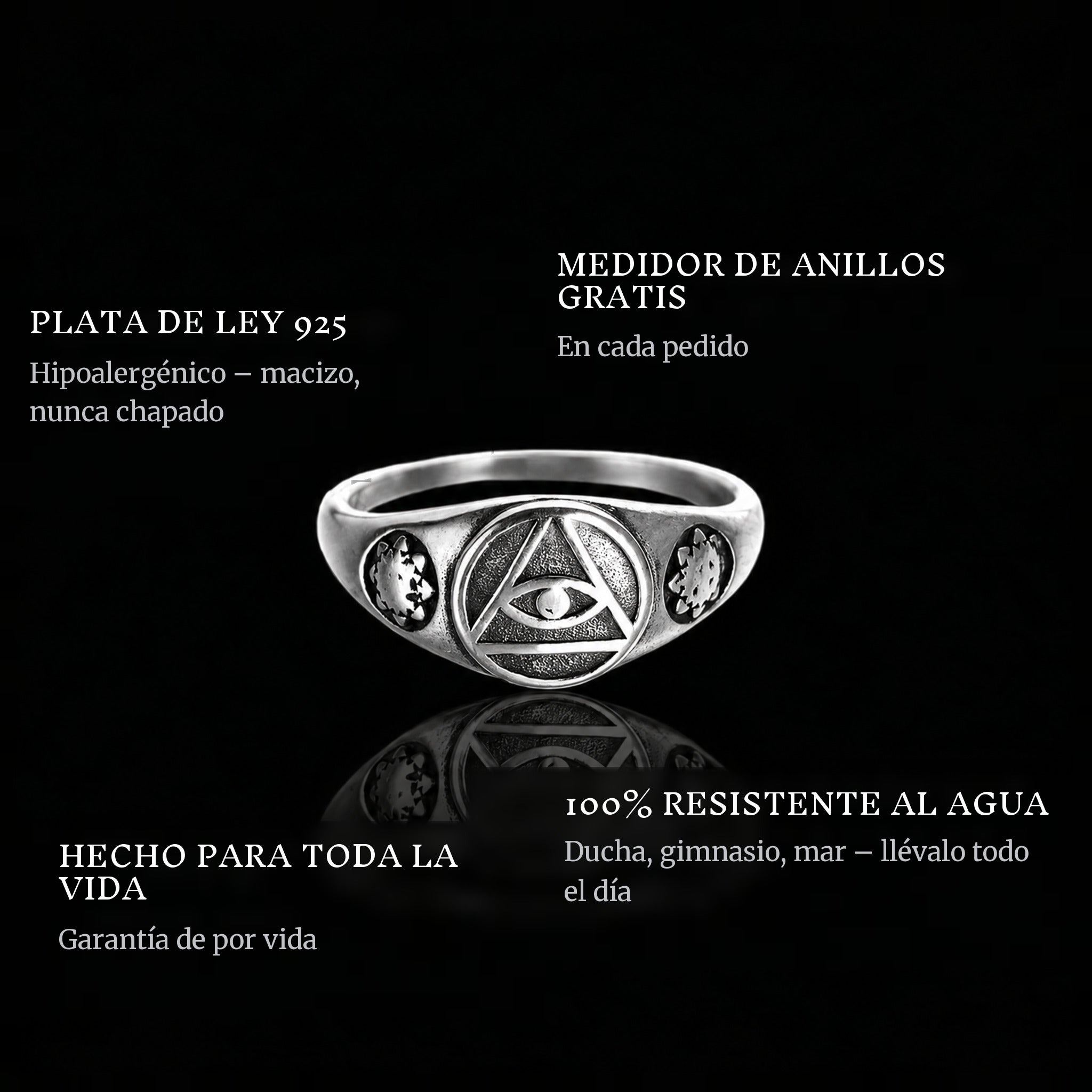 Eye Of The Sky ring features: 925 sterling silver, free ring sizer in every order, 100% waterproof, lifetime guarantee