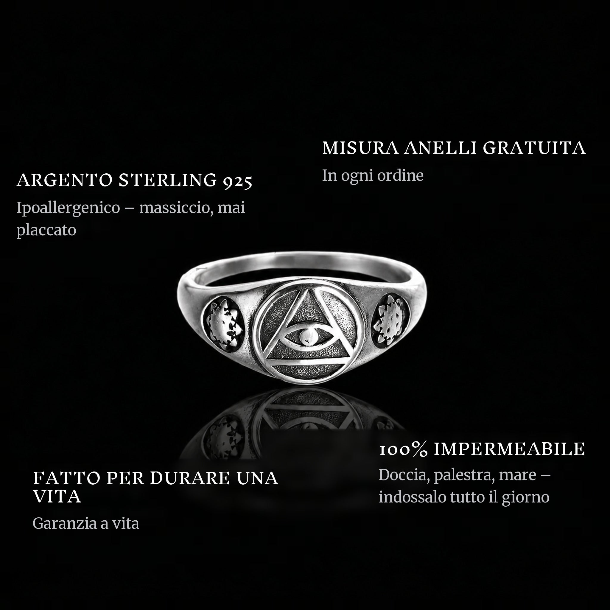 Eye Of The Sky ring features: 925 sterling silver, free ring sizer in every order, 100% waterproof, lifetime guarantee