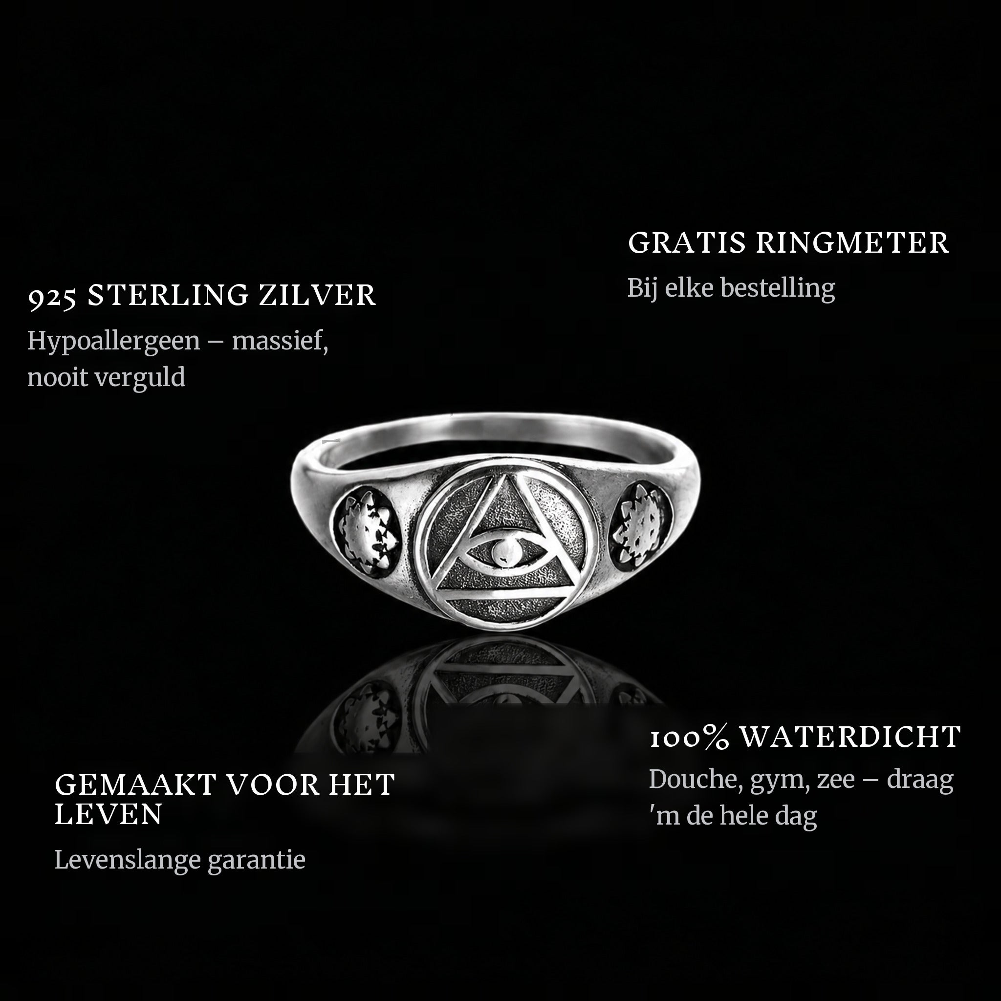 Eye Of The Sky ring features: 925 sterling silver, free ring sizer in every order, 100% waterproof, lifetime guarantee