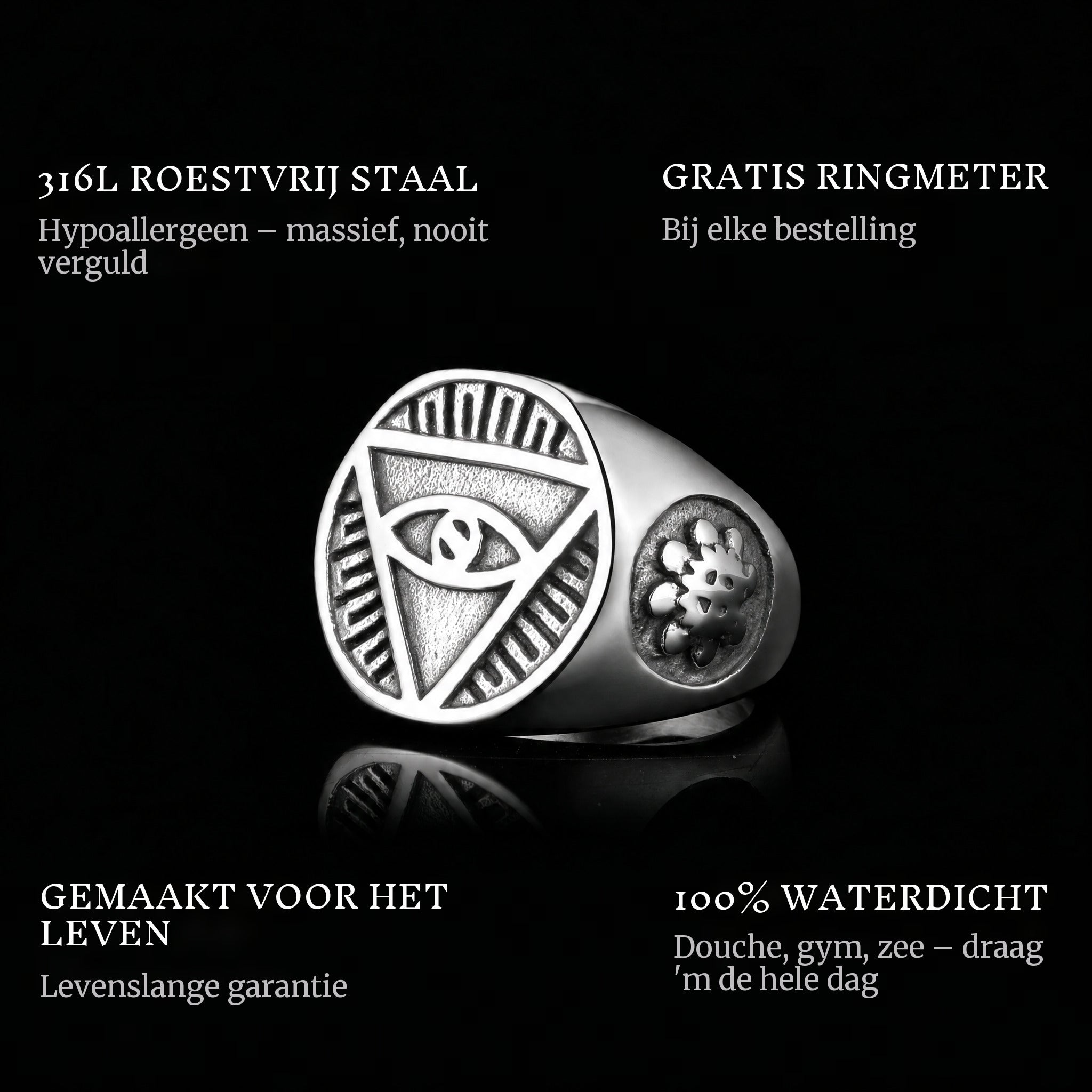 Eye Of The Sky ring features: 316L stainless steel, free ring sizer in every order, 100% waterproof, lifetime guarantee