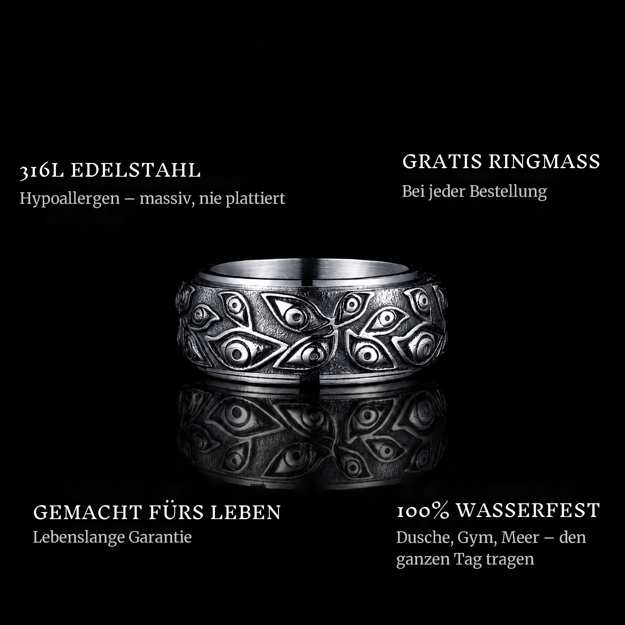 The Eyes ring features: 316L stainless steel, free ring sizer in every order, 100% waterproof, lifetime guarantee