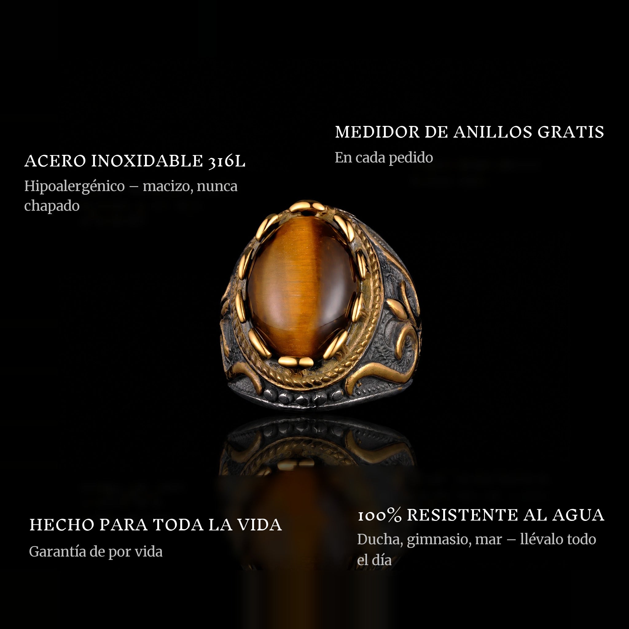 Farao ring features: 316L stainless steel, free ring sizer in every order, 100% waterproof, lifetime guarantee