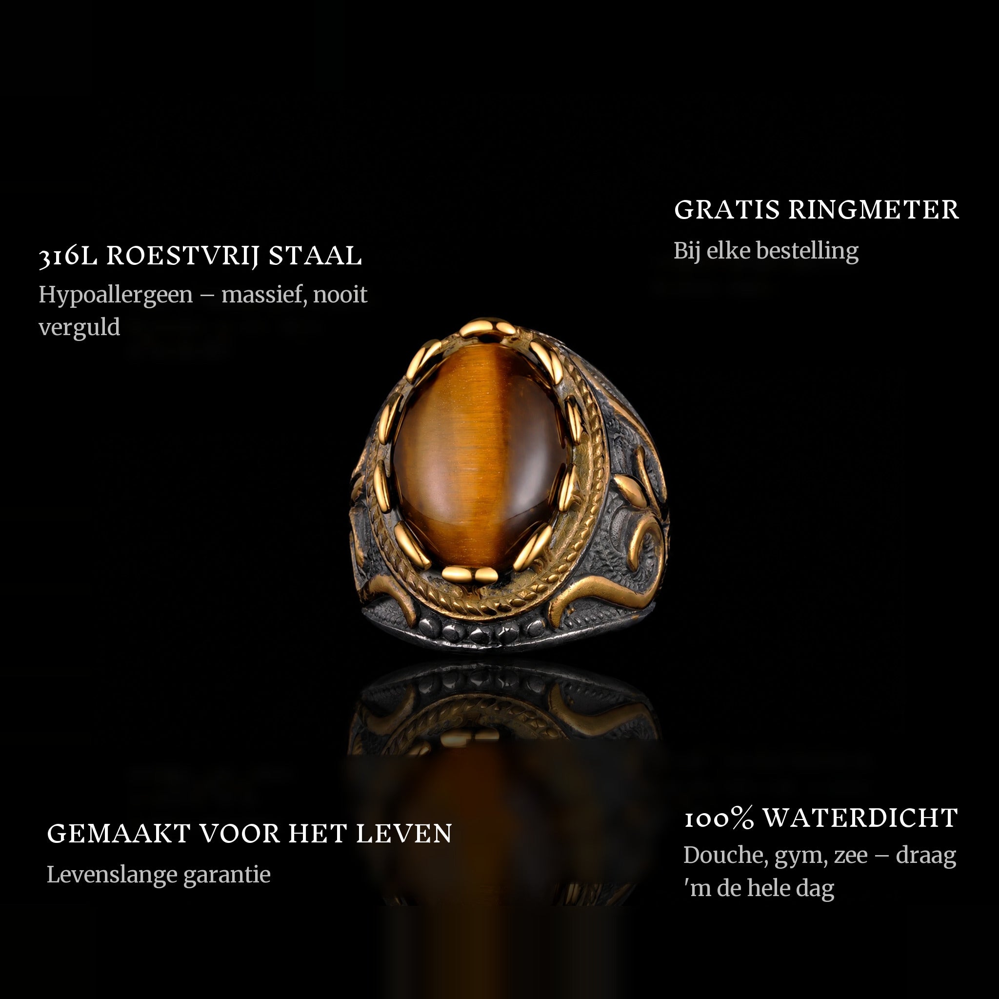 Farao ring features: 316L stainless steel, free ring sizer in every order, 100% waterproof, lifetime guarantee