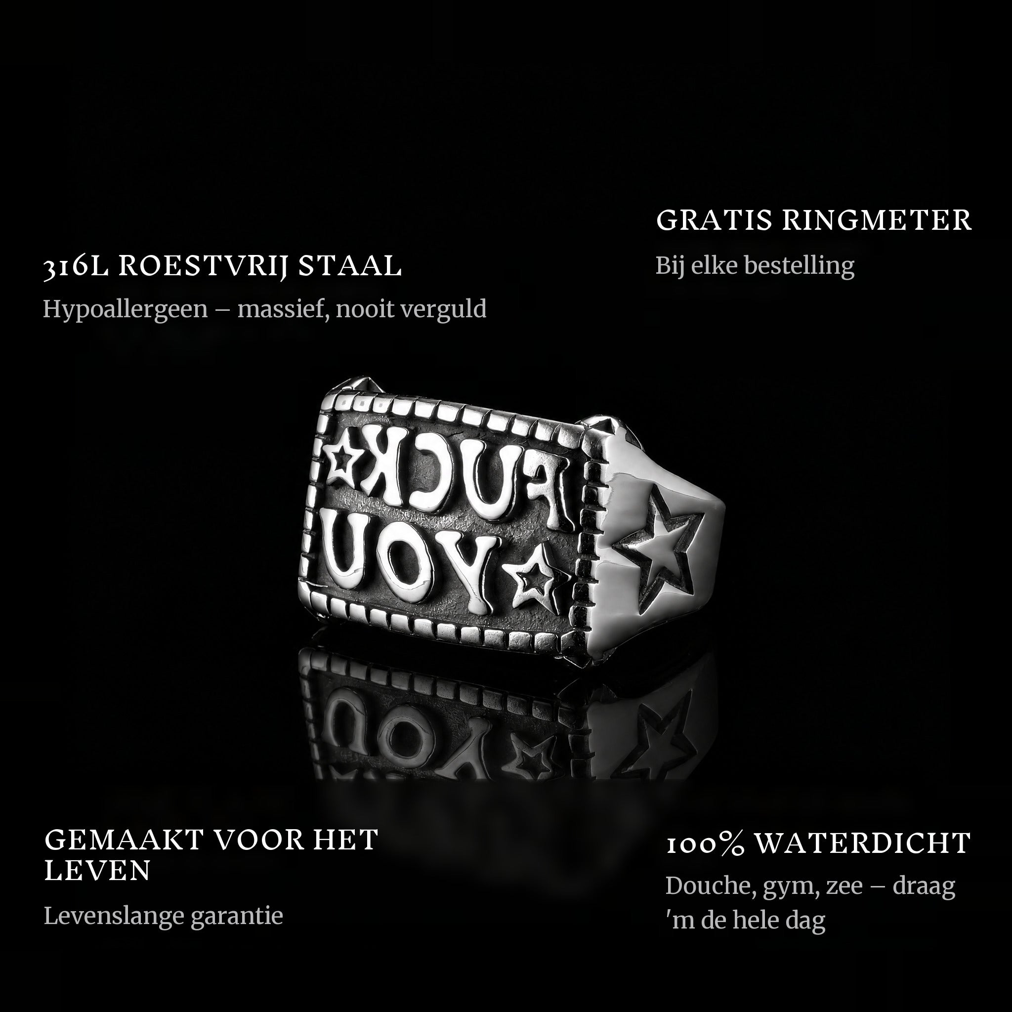 F*Ck ring features: 316L stainless steel, free ring sizer in every order, 100% waterproof, lifetime guarantee