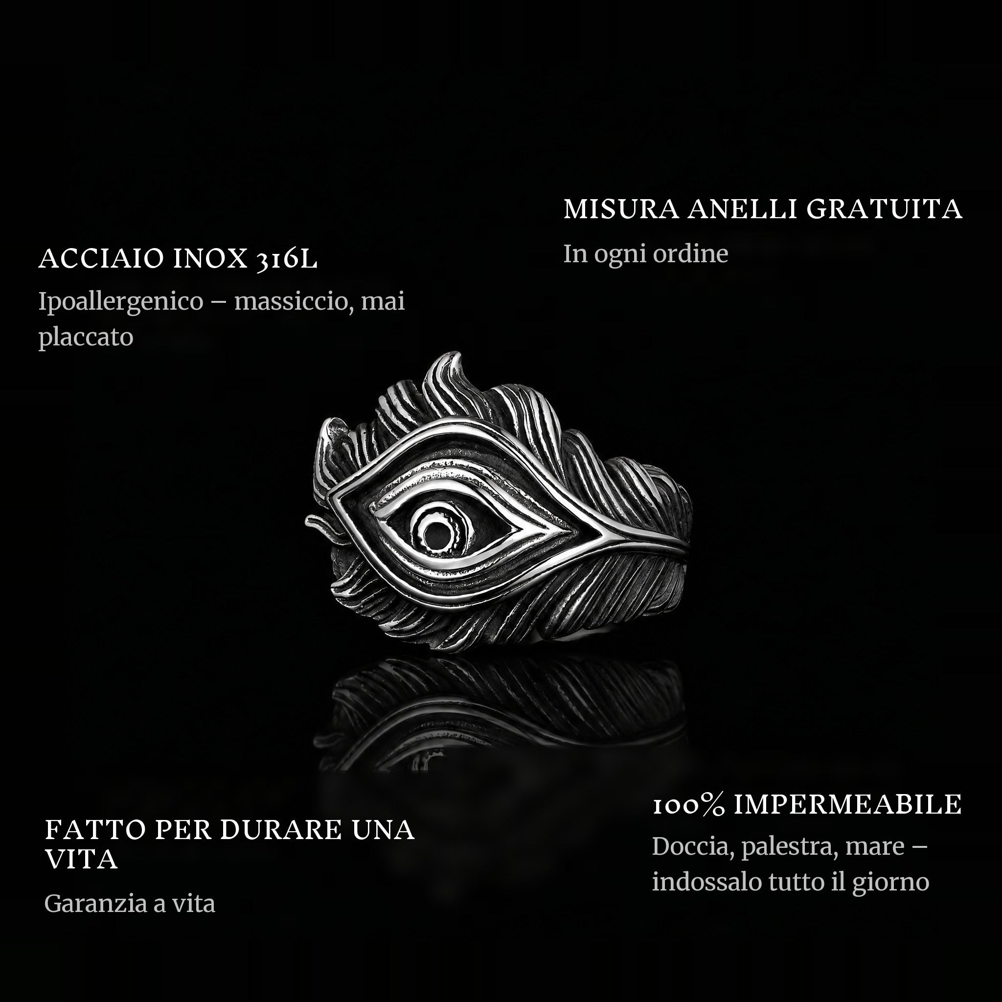Feather Eye ring features: 316L stainless steel, free ring sizer in every order, 100% waterproof, lifetime guarantee