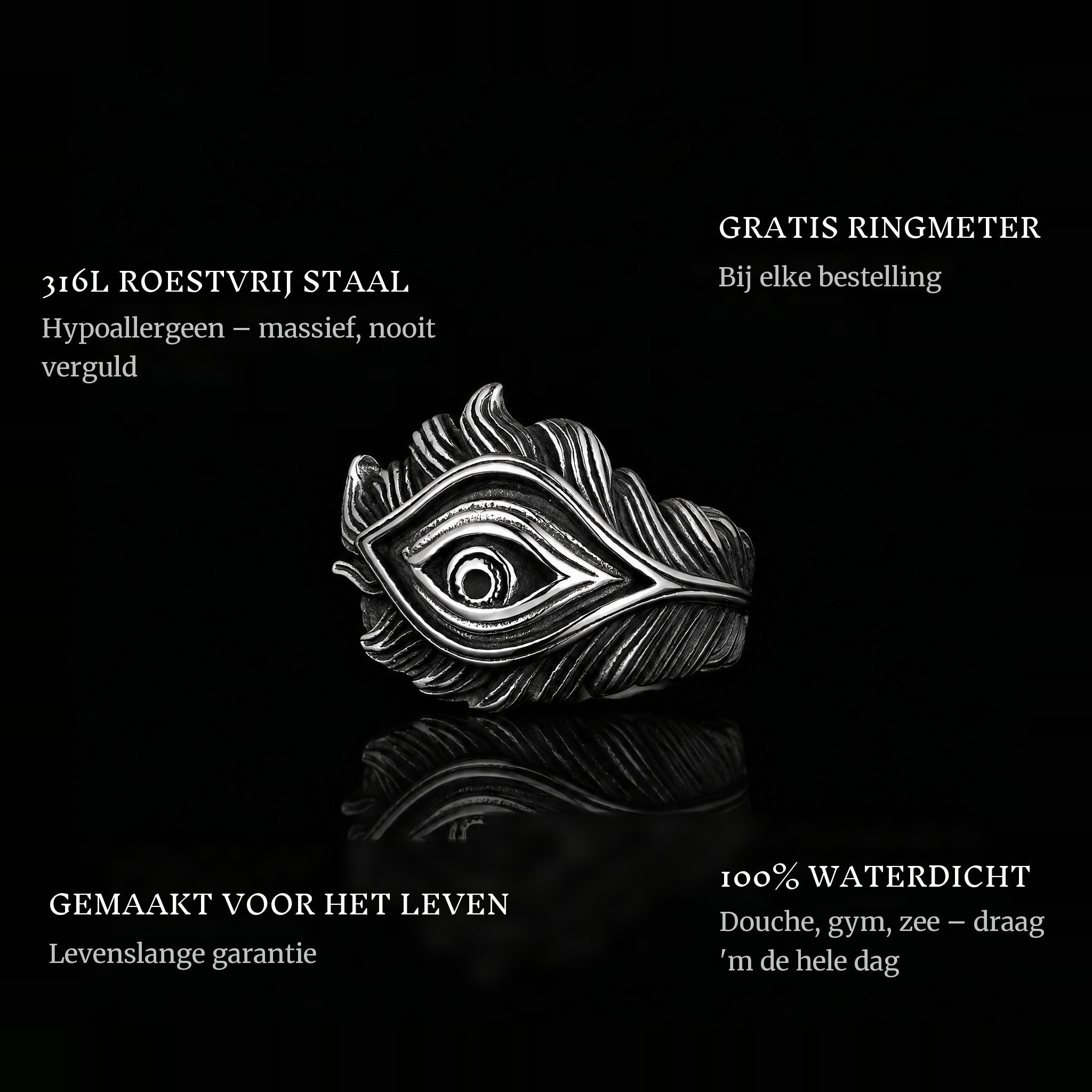 Feather Eye ring features: 316L stainless steel, free ring sizer in every order, 100% waterproof, lifetime guarantee