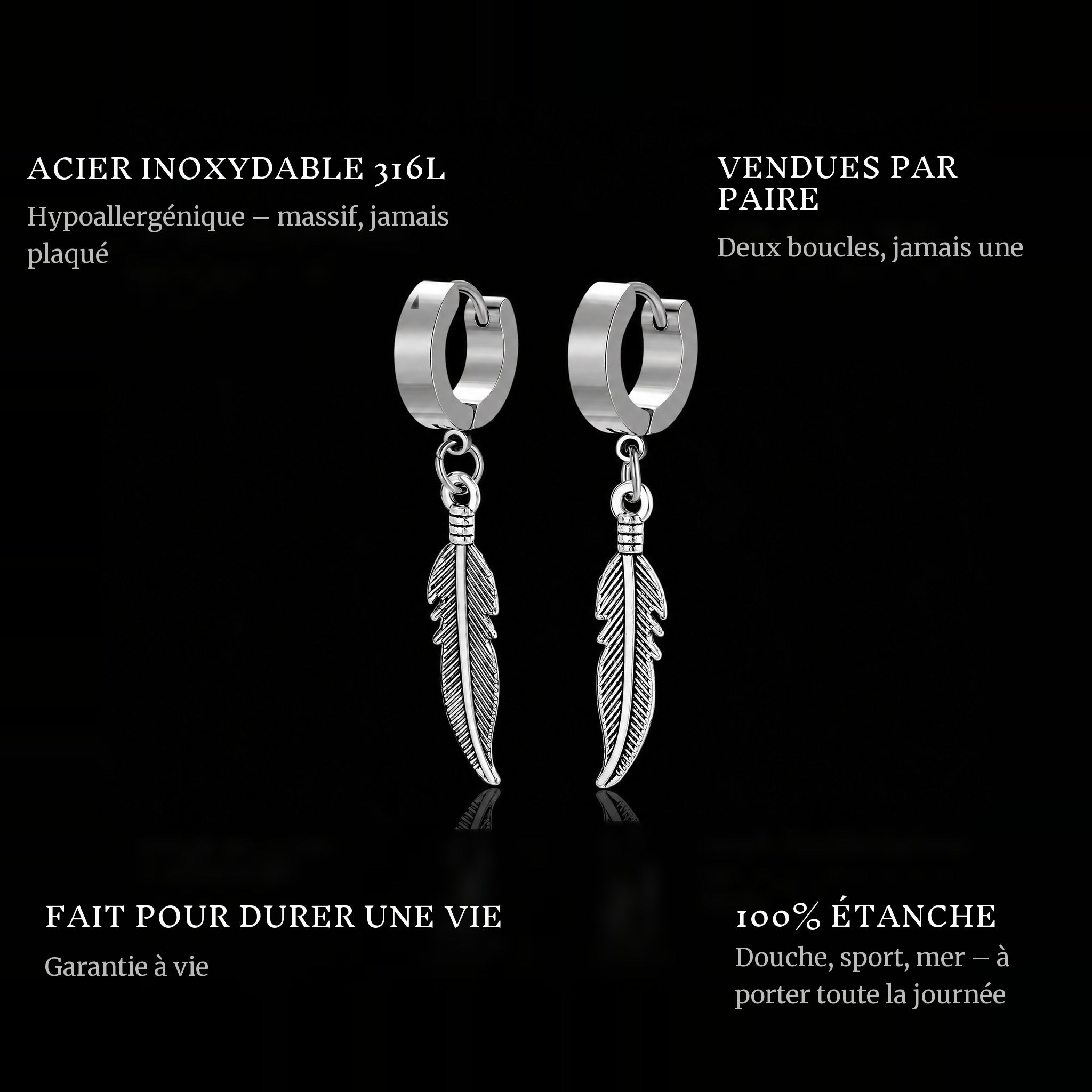 Feather features: 316L stainless steel, sold as a pair, 100% waterproof, lifetime guarantee