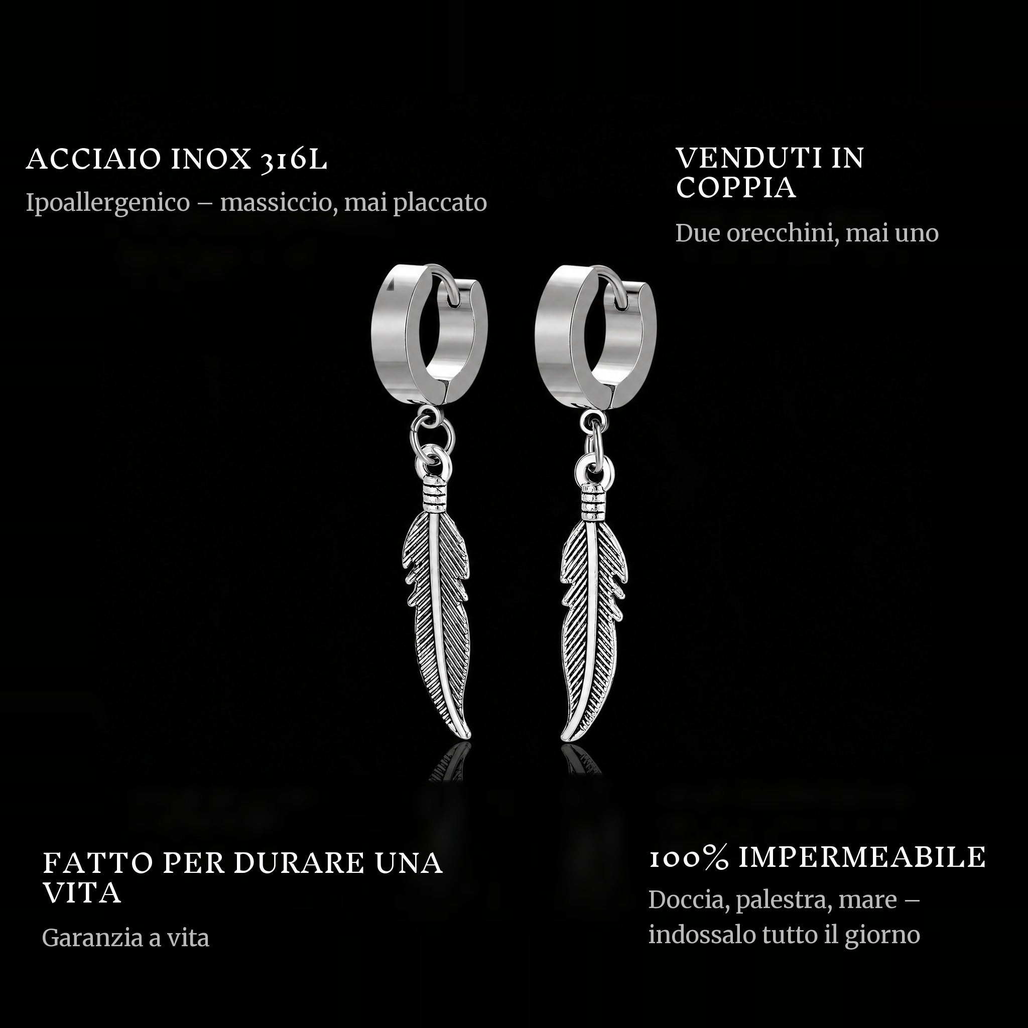 Feather features: 316L stainless steel, sold as a pair, 100% waterproof, lifetime guarantee