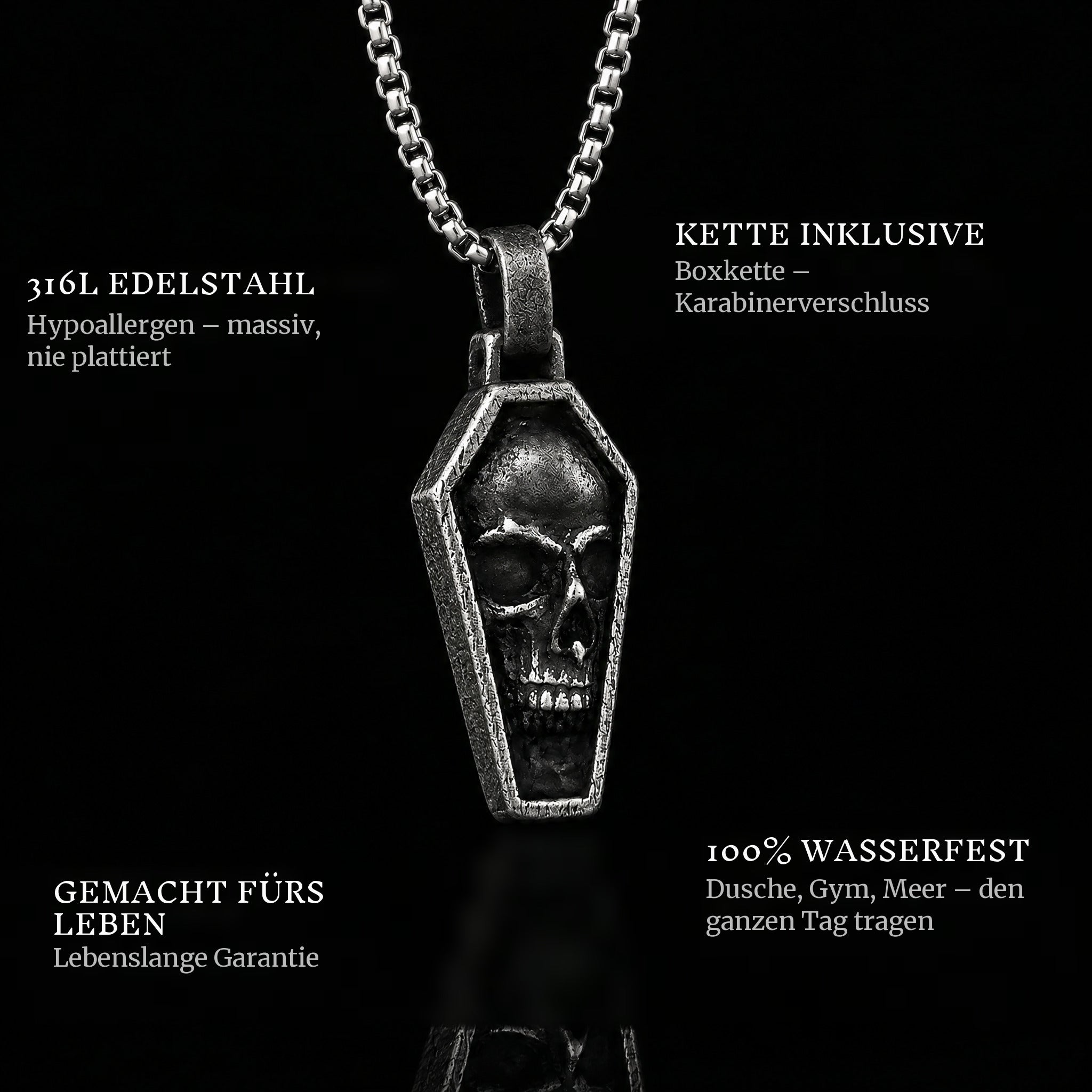Final Stare pendant features: 316L stainless steel, chain included, 100% waterproof, lifetime guarantee