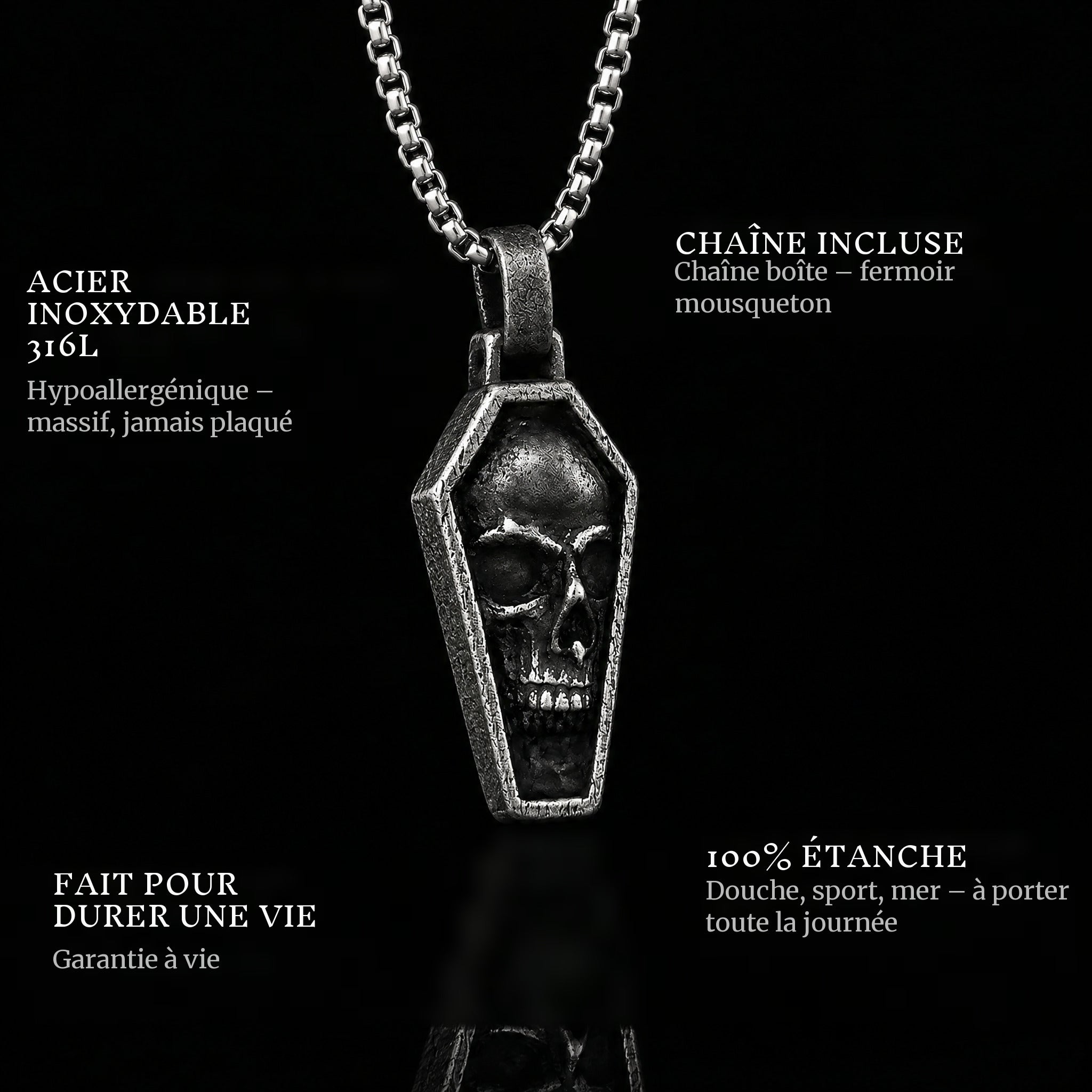 Final Stare pendant features: 316L stainless steel, chain included, 100% waterproof, lifetime guarantee