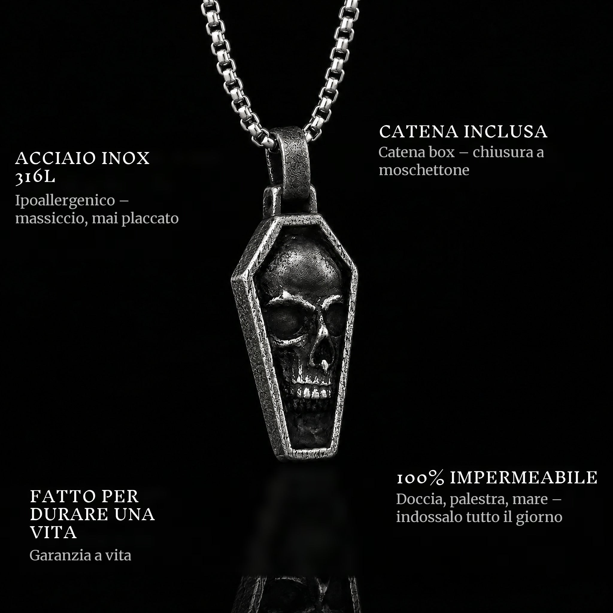 Final Stare pendant features: 316L stainless steel, chain included, 100% waterproof, lifetime guarantee
