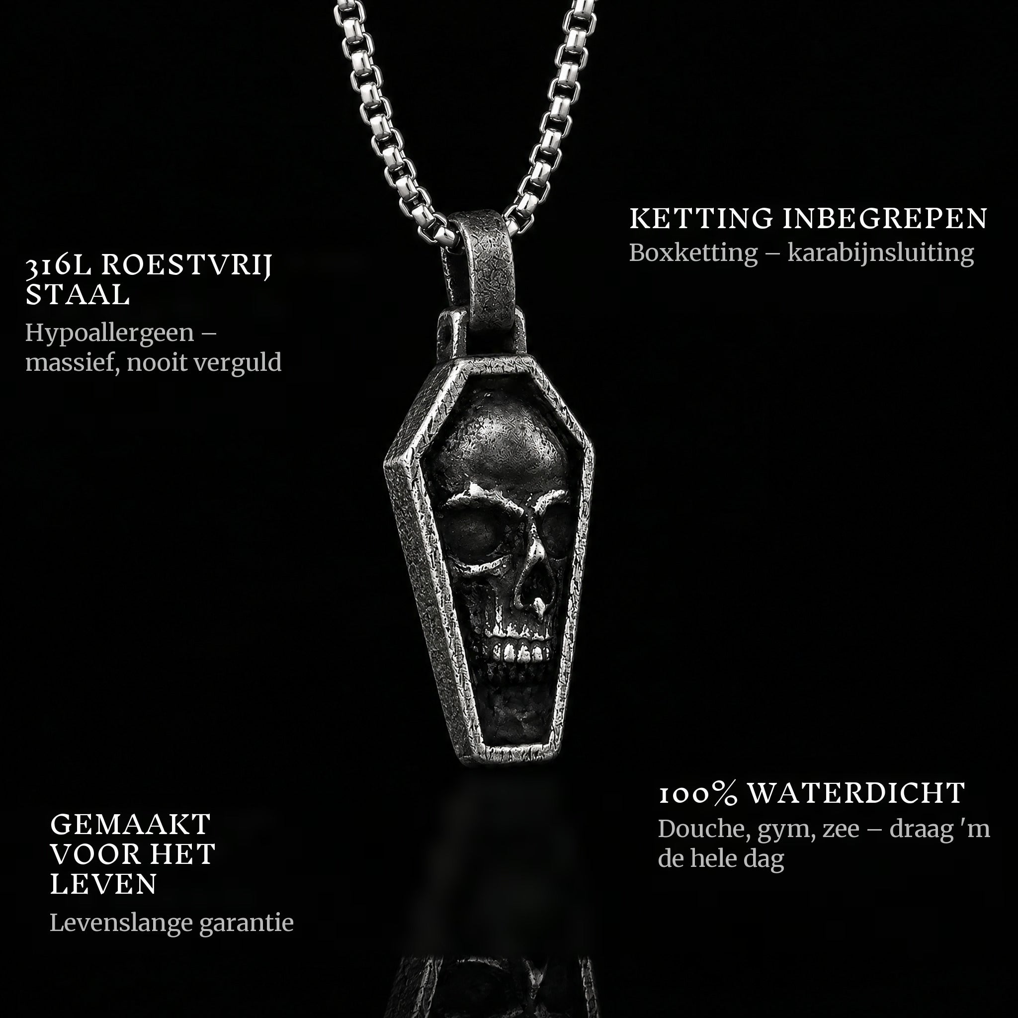 Final Stare pendant features: 316L stainless steel, chain included, 100% waterproof, lifetime guarantee