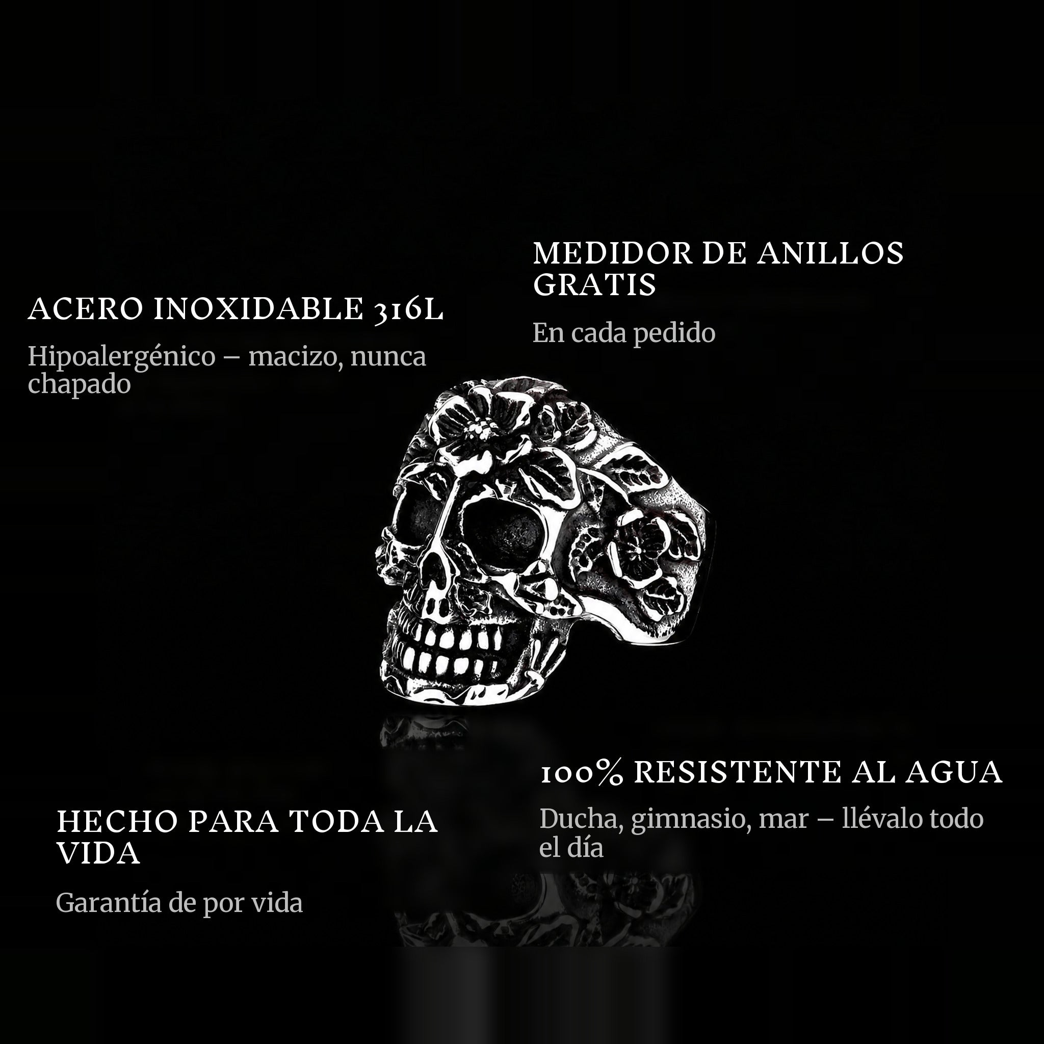 Flowers Of Death ring features: 316L stainless steel, free ring sizer in every order, 100% waterproof, lifetime guarantee