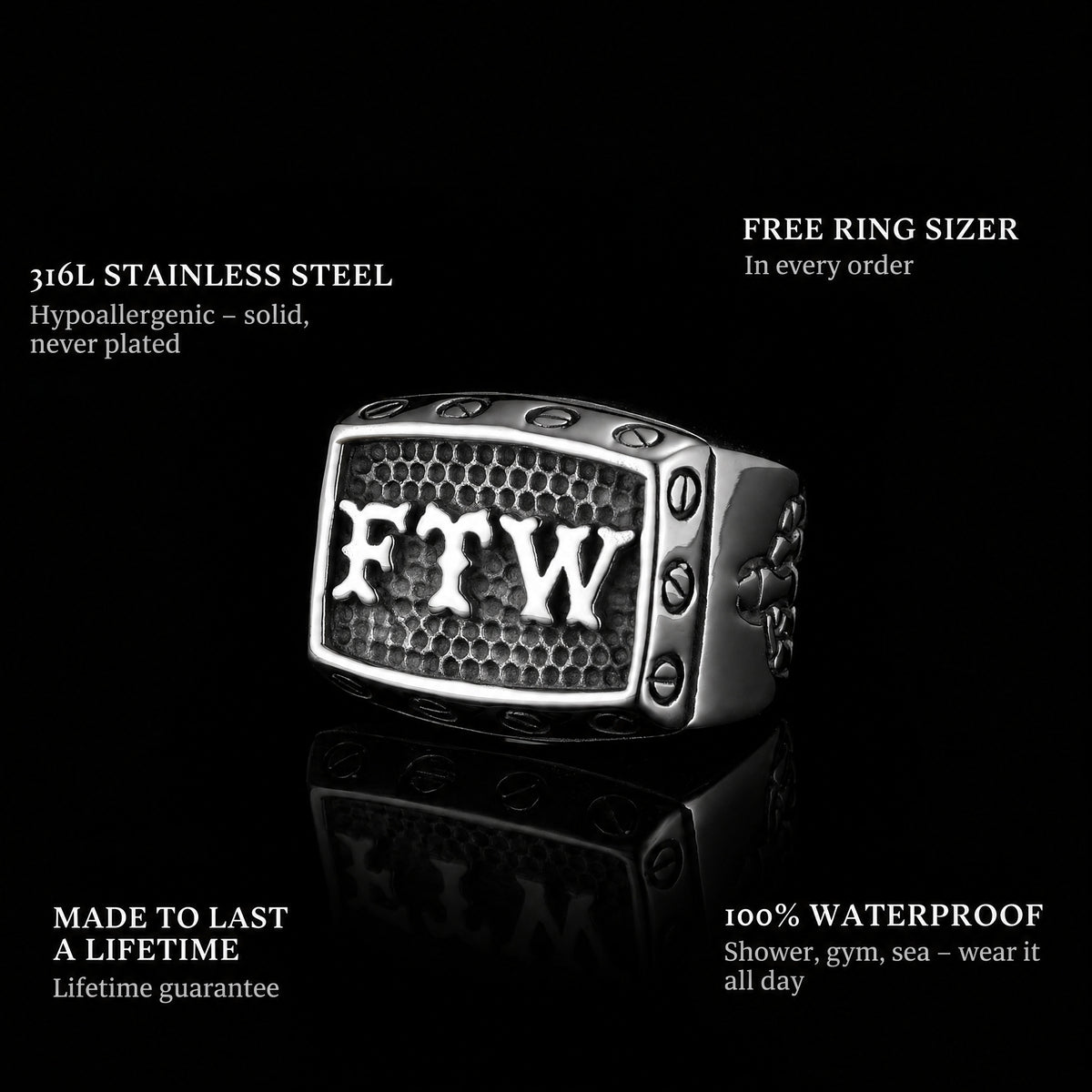 For The Win ring features: 316L stainless steel, free ring sizer in every order, 100% waterproof, lifetime guarantee