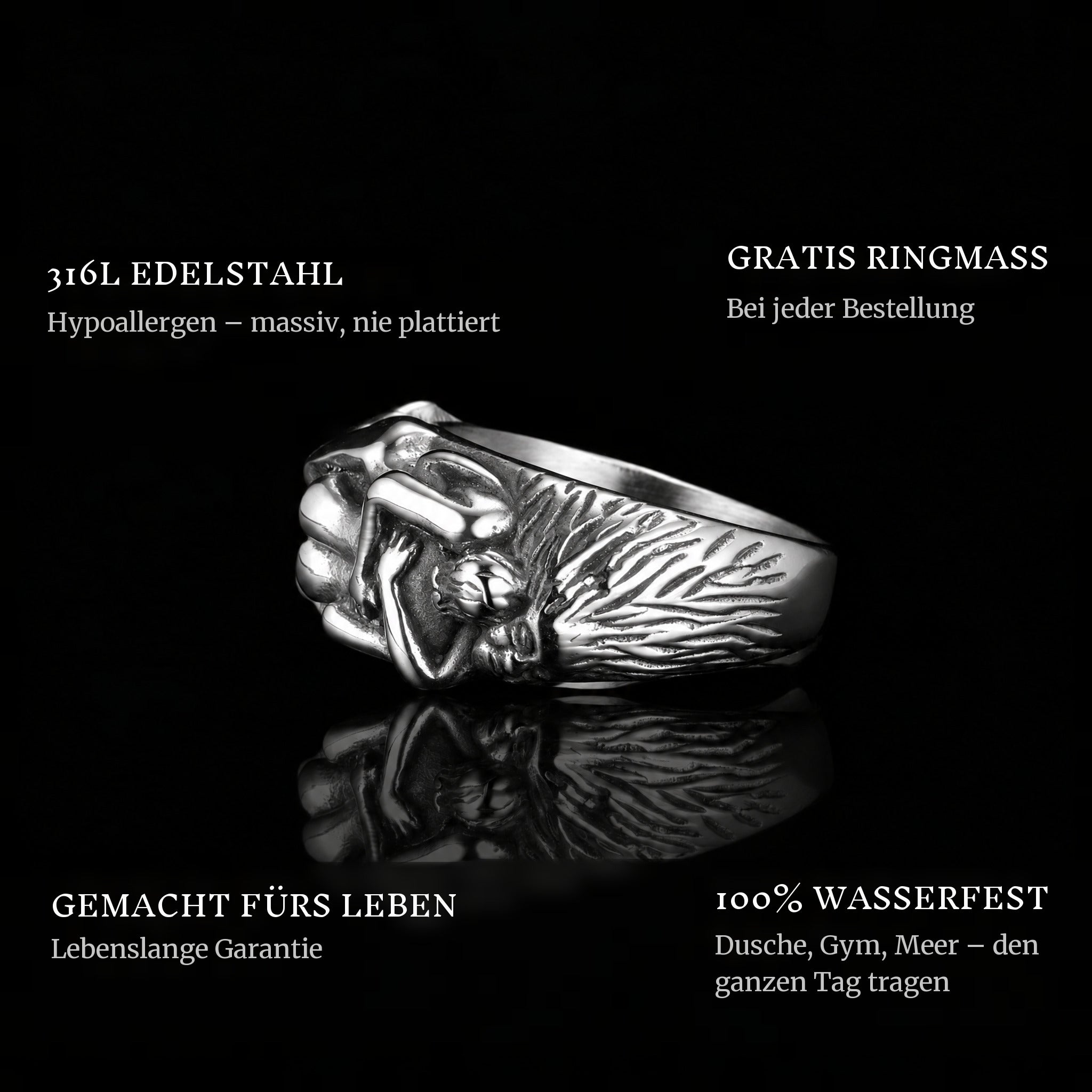 Forbidden Love ring features: 316L stainless steel, free ring sizer in every order, 100% waterproof, lifetime guarantee