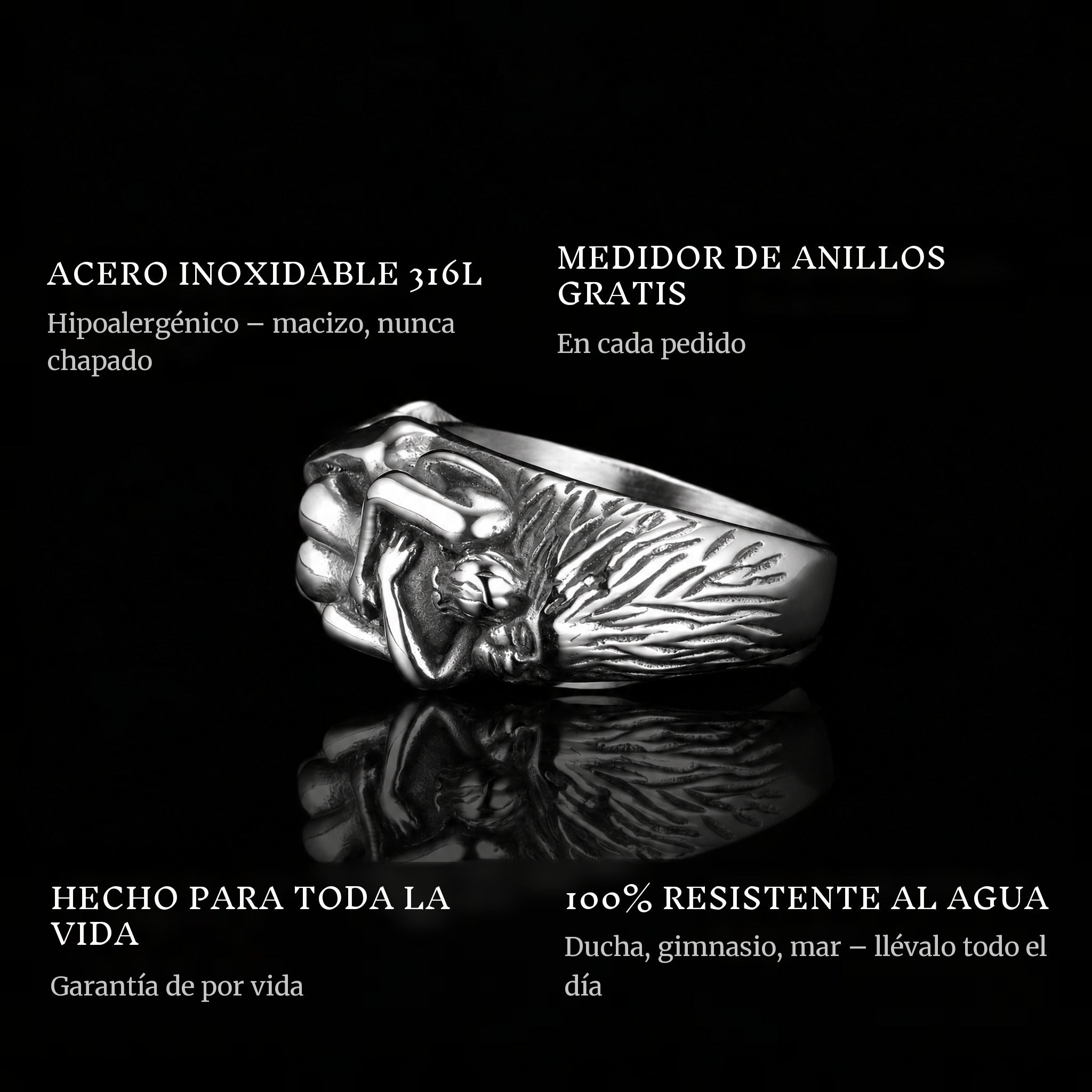 Forbidden Love ring features: 316L stainless steel, free ring sizer in every order, 100% waterproof, lifetime guarantee