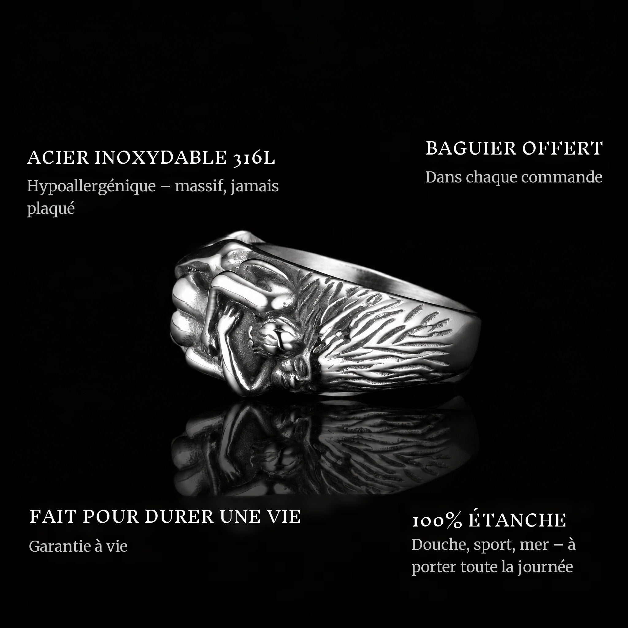 Forbidden Love ring features: 316L stainless steel, free ring sizer in every order, 100% waterproof, lifetime guarantee