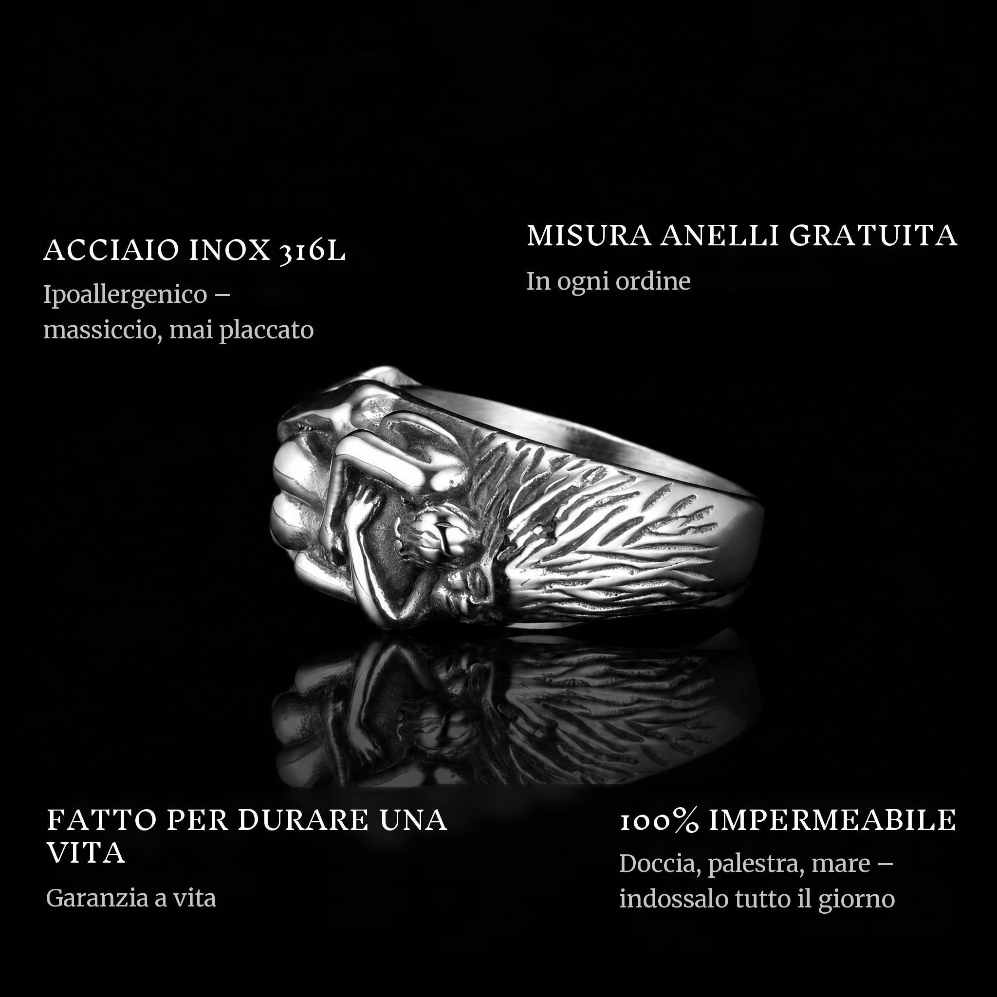 Forbidden Love ring features: 316L stainless steel, free ring sizer in every order, 100% waterproof, lifetime guarantee
