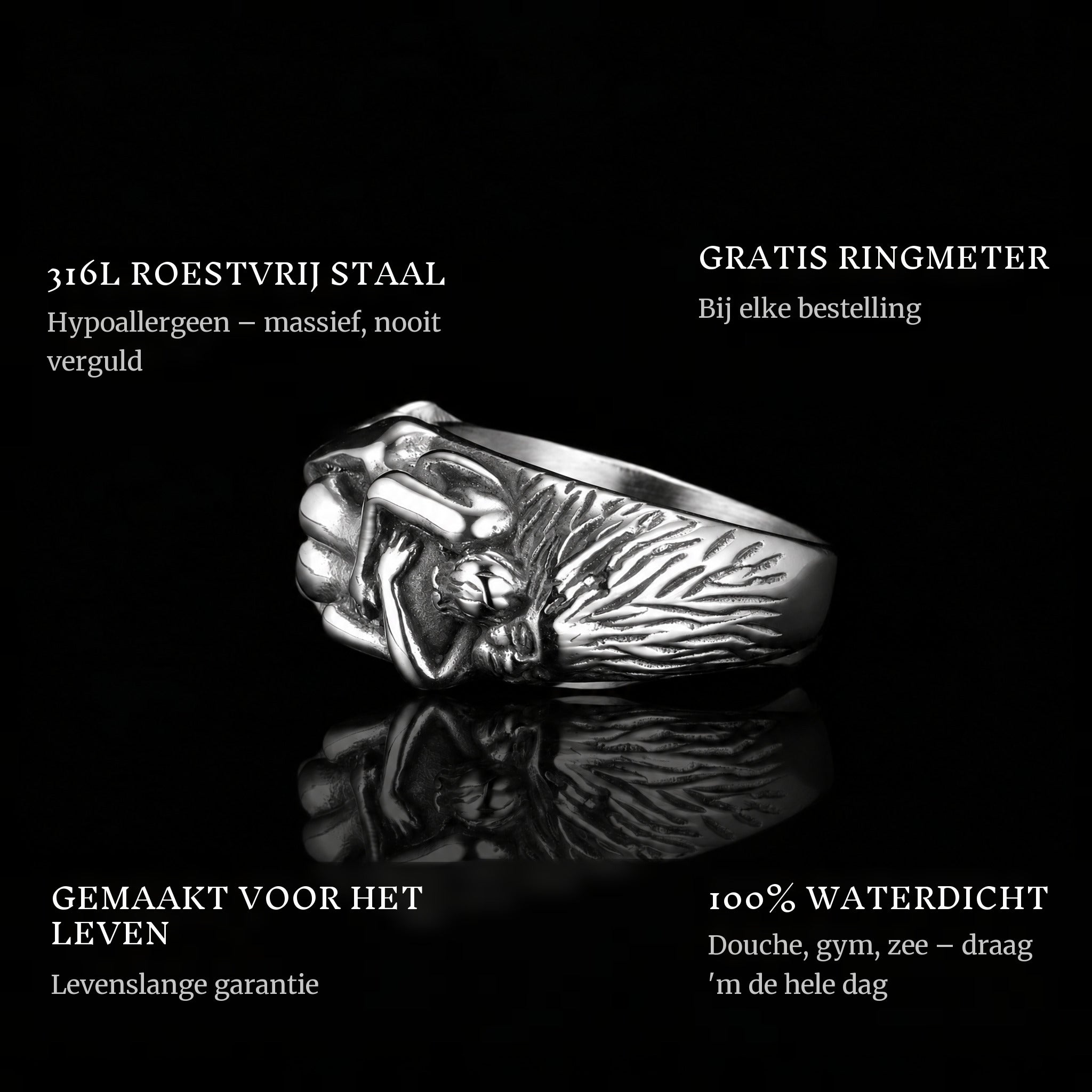 Forbidden Love ring features: 316L stainless steel, free ring sizer in every order, 100% waterproof, lifetime guarantee