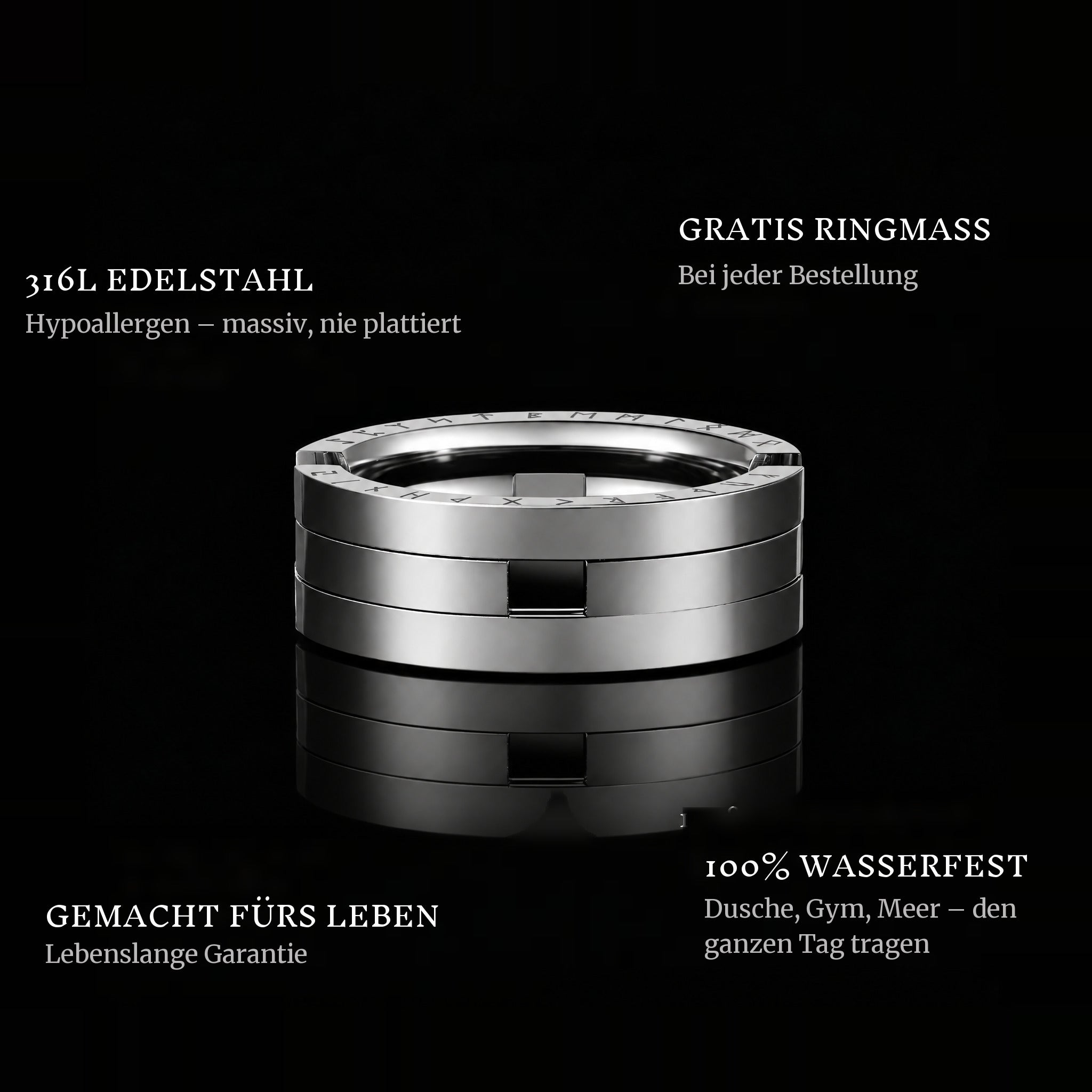 Forever Ring ring features: 316L stainless steel, free ring sizer in every order, 100% waterproof, lifetime guarantee