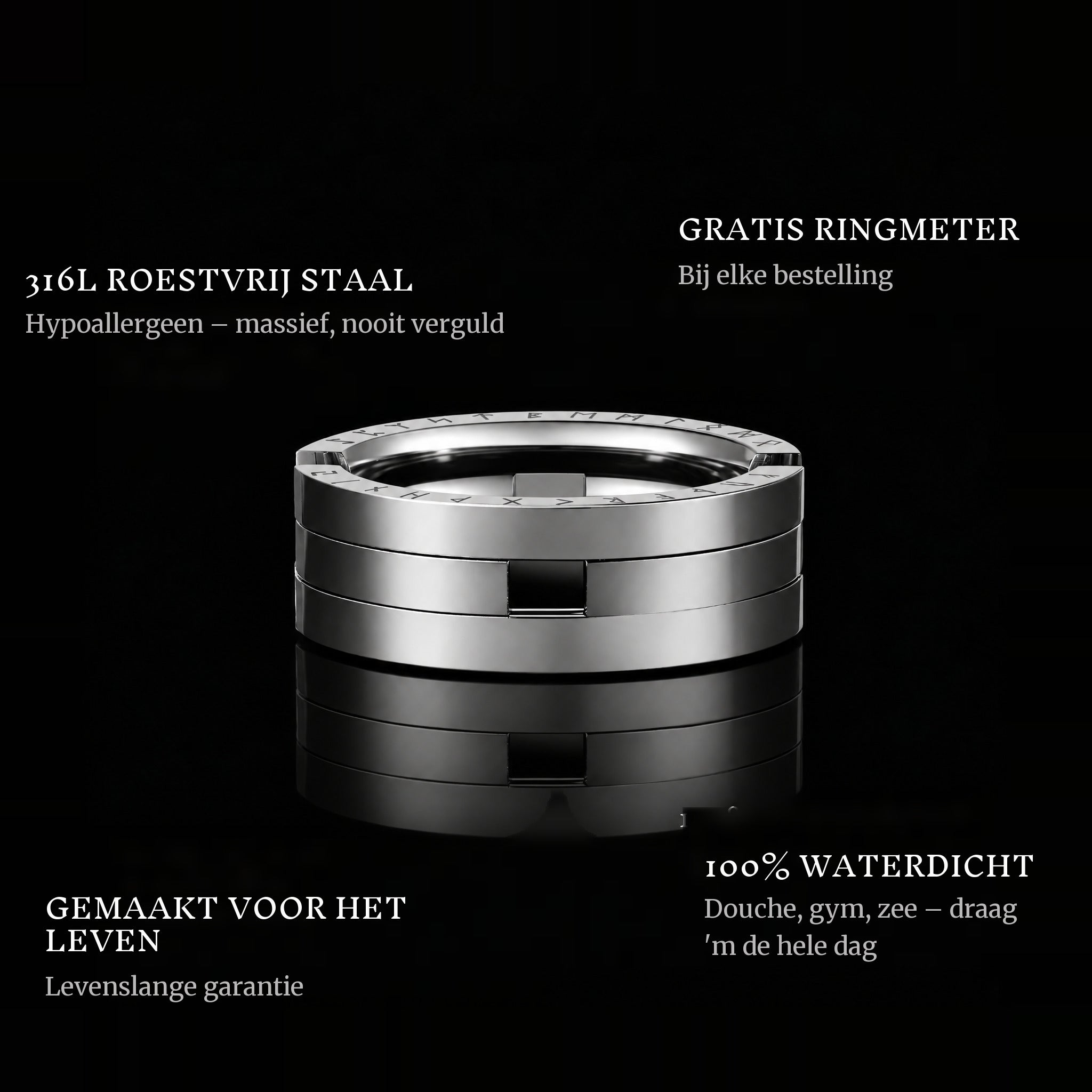 Forever Ring ring features: 316L stainless steel, free ring sizer in every order, 100% waterproof, lifetime guarantee