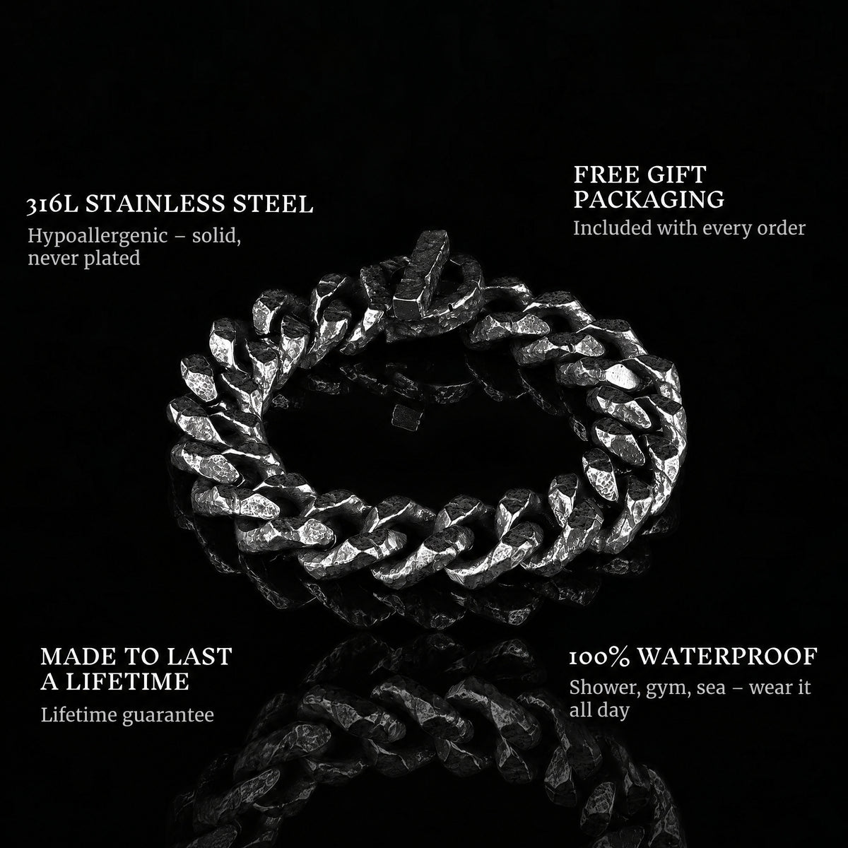Forged Bind features: 316L stainless steel, free gift packaging, 100% waterproof, lifetime guarantee