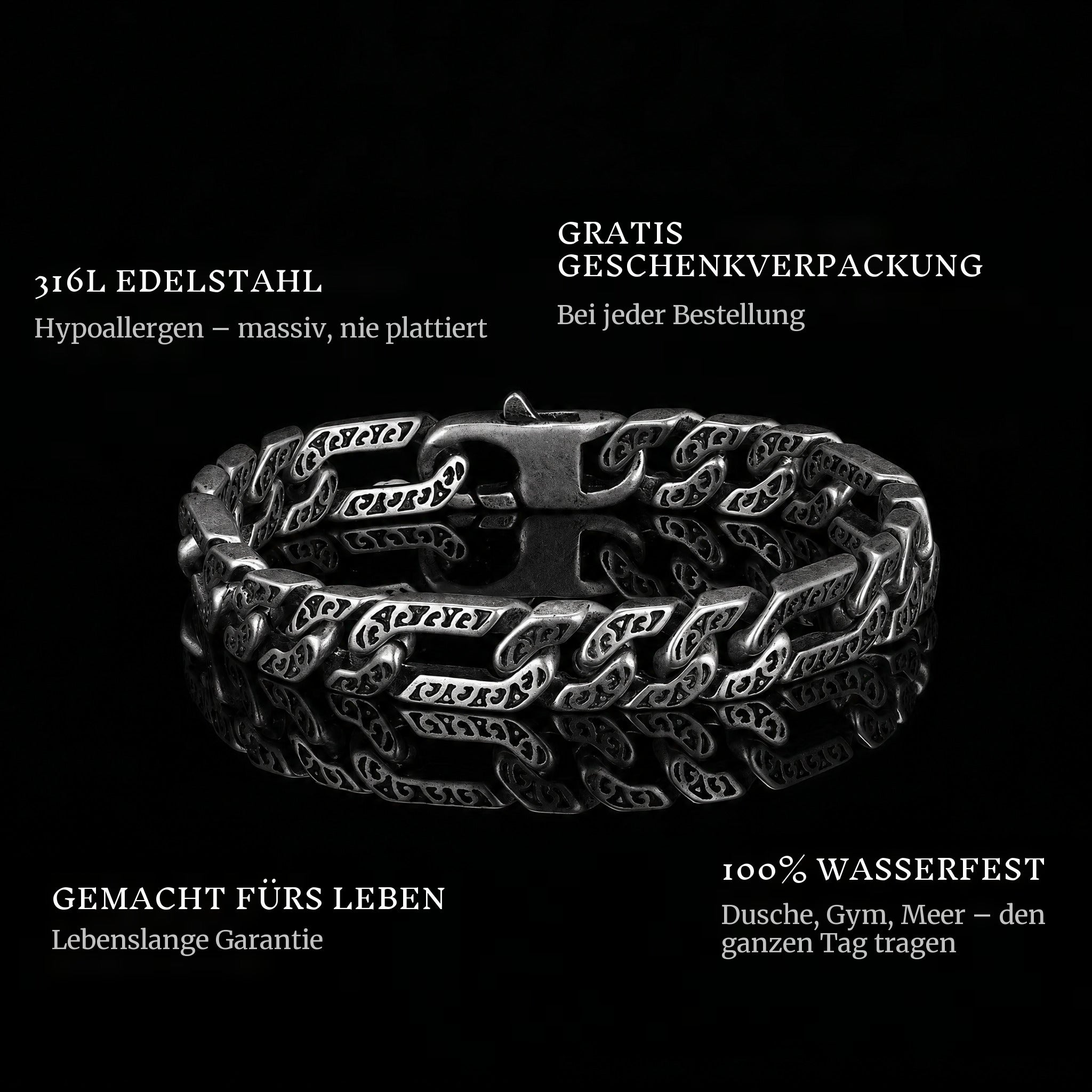 Forged Bond features: 316L stainless steel, free gift packaging, 100% waterproof, lifetime guarantee