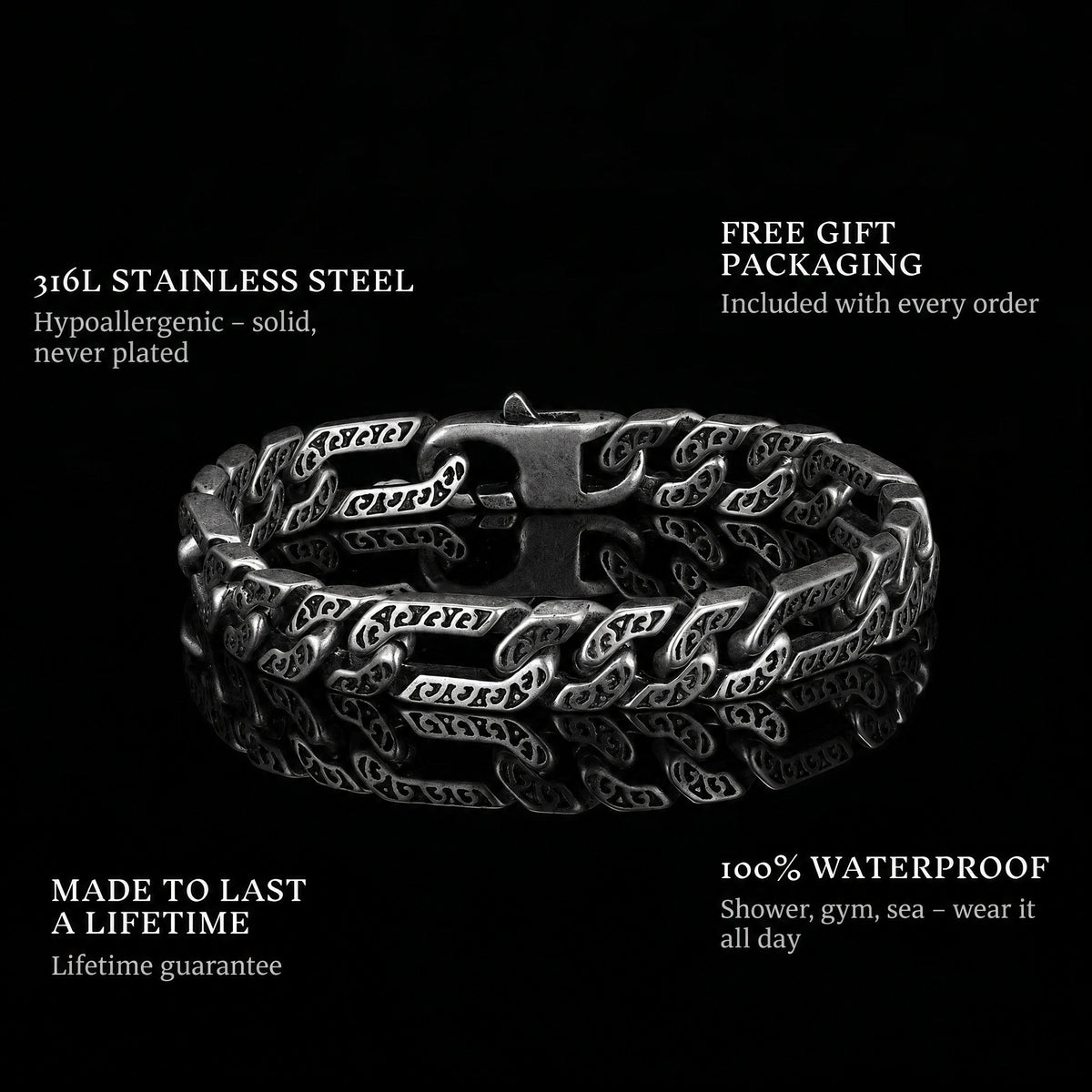 Forged Bond features: 316L stainless steel, free gift packaging, 100% waterproof, lifetime guarantee