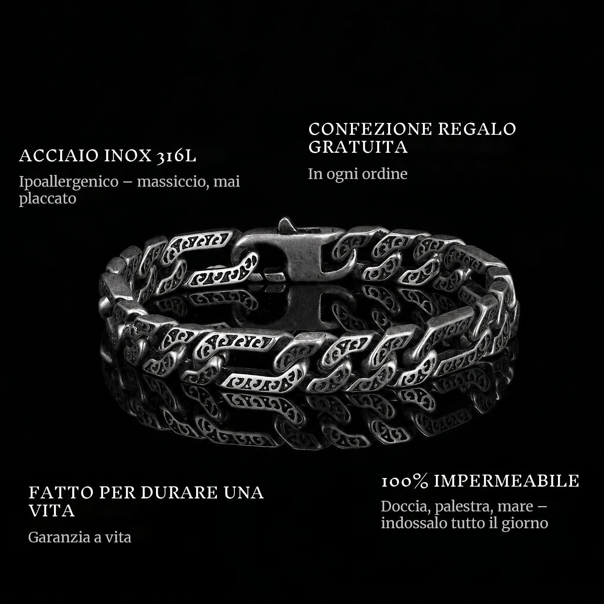 Forged Bond features: 316L stainless steel, free gift packaging, 100% waterproof, lifetime guarantee