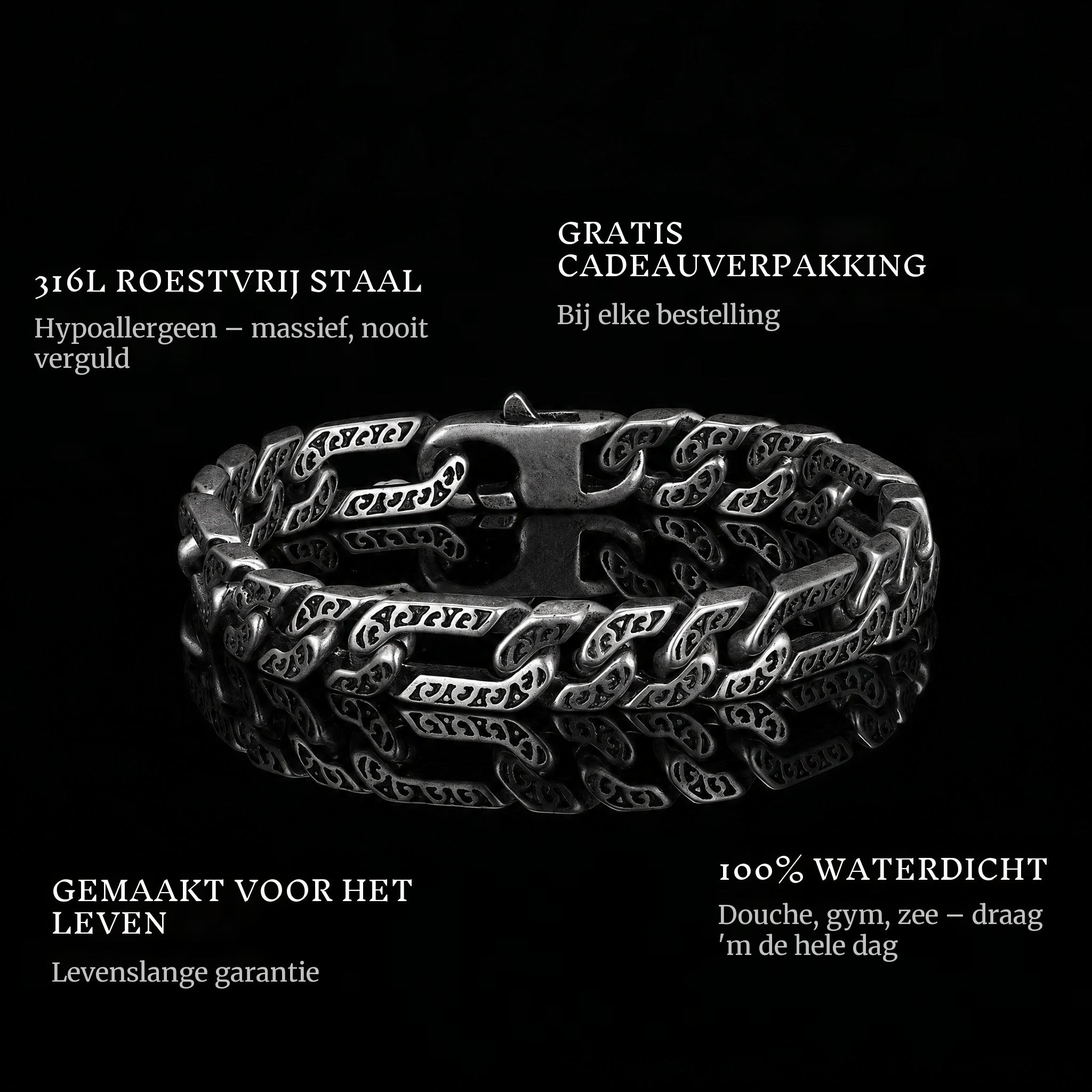 Forged Bond features: 316L stainless steel, free gift packaging, 100% waterproof, lifetime guarantee