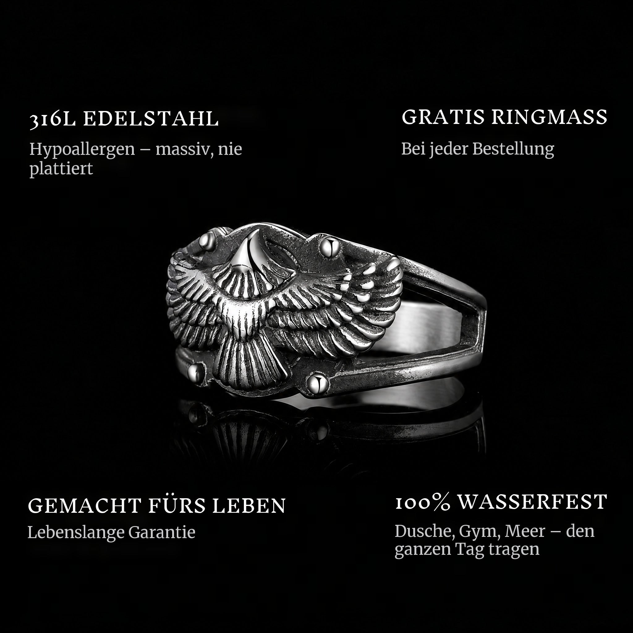 Free As A Bird ring features: 316L stainless steel, free ring sizer in every order, 100% waterproof, lifetime guarantee