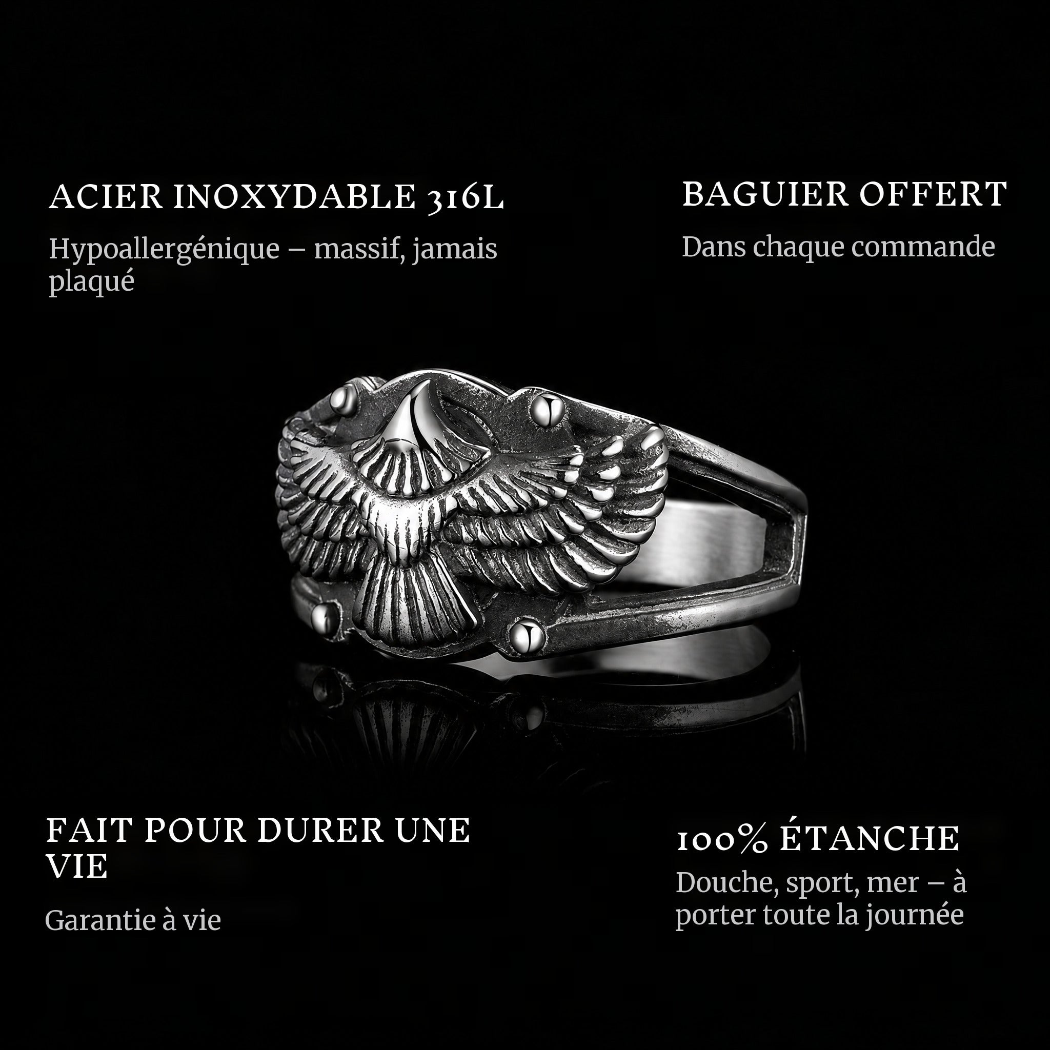 Free As A Bird ring features: 316L stainless steel, free ring sizer in every order, 100% waterproof, lifetime guarantee