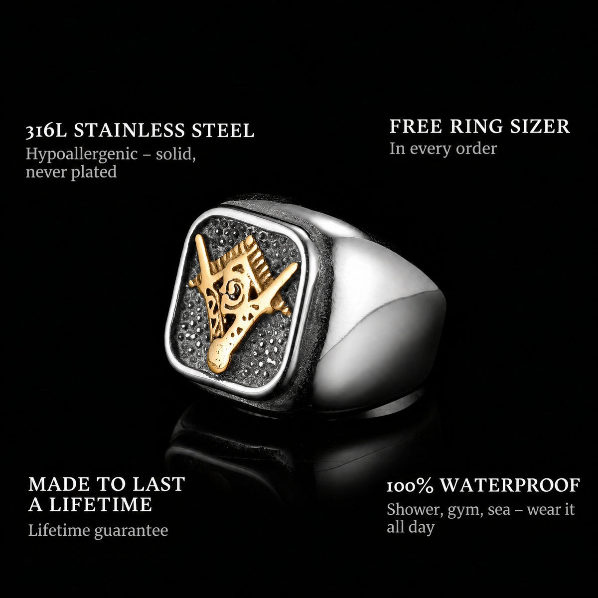 Free Mason ring features: 316L stainless steel, free ring sizer in every order, 100% waterproof, lifetime guarantee