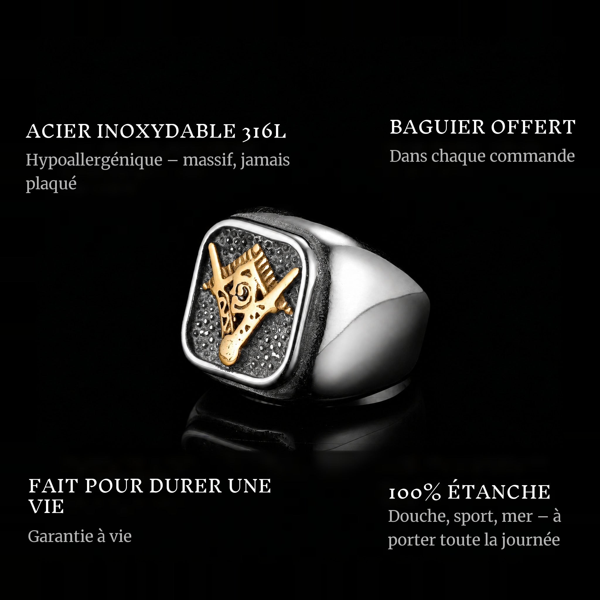 Free Mason ring features: 316L stainless steel, free ring sizer in every order, 100% waterproof, lifetime guarantee