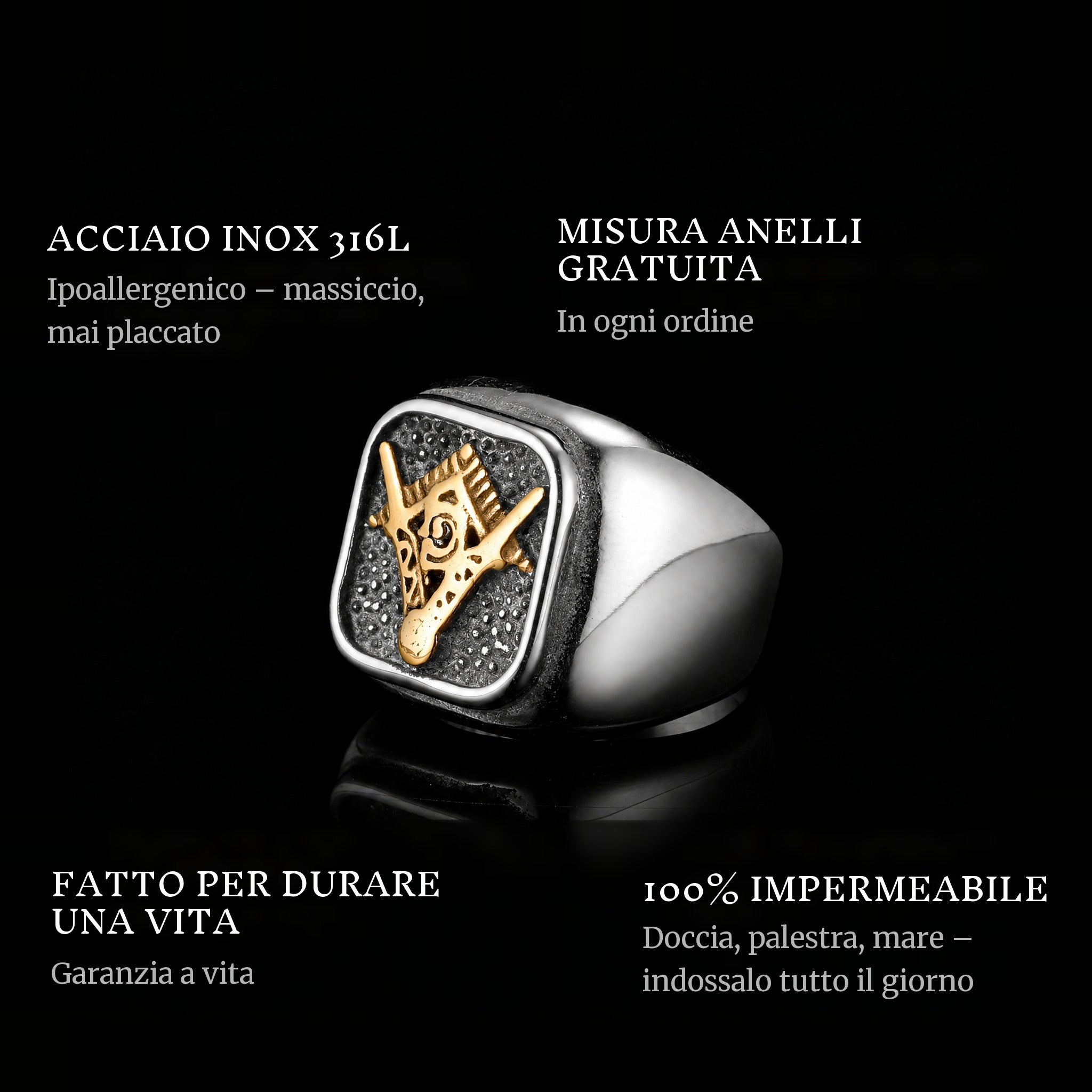 Free Mason ring features: 316L stainless steel, free ring sizer in every order, 100% waterproof, lifetime guarantee