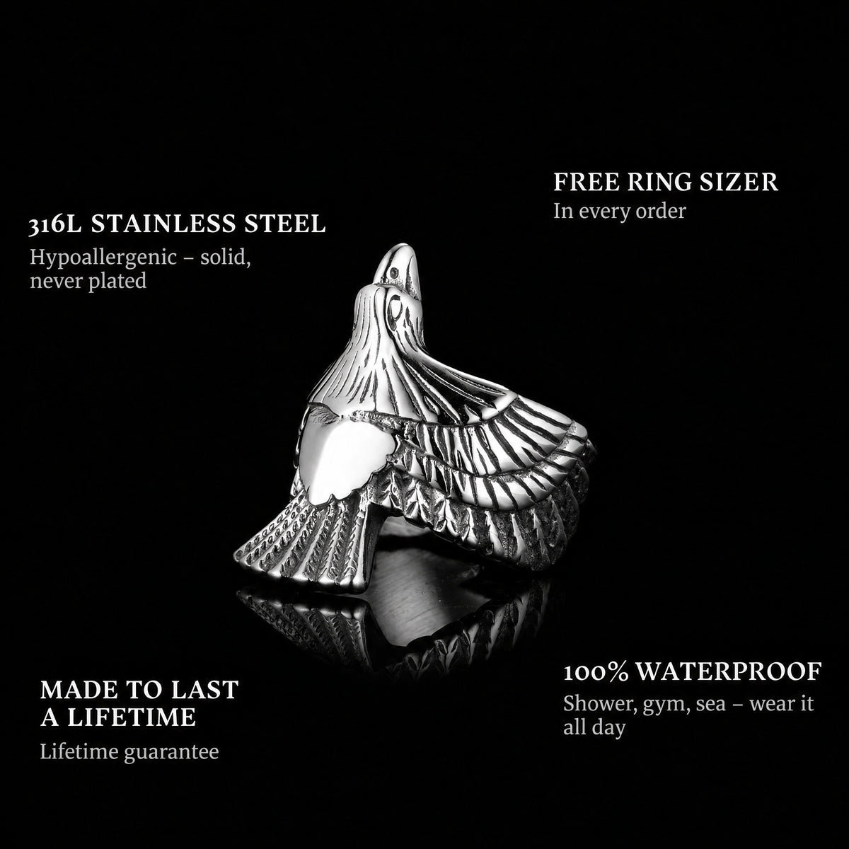 Freedom ring features: 316L stainless steel, free ring sizer in every order, 100% waterproof, lifetime guarantee