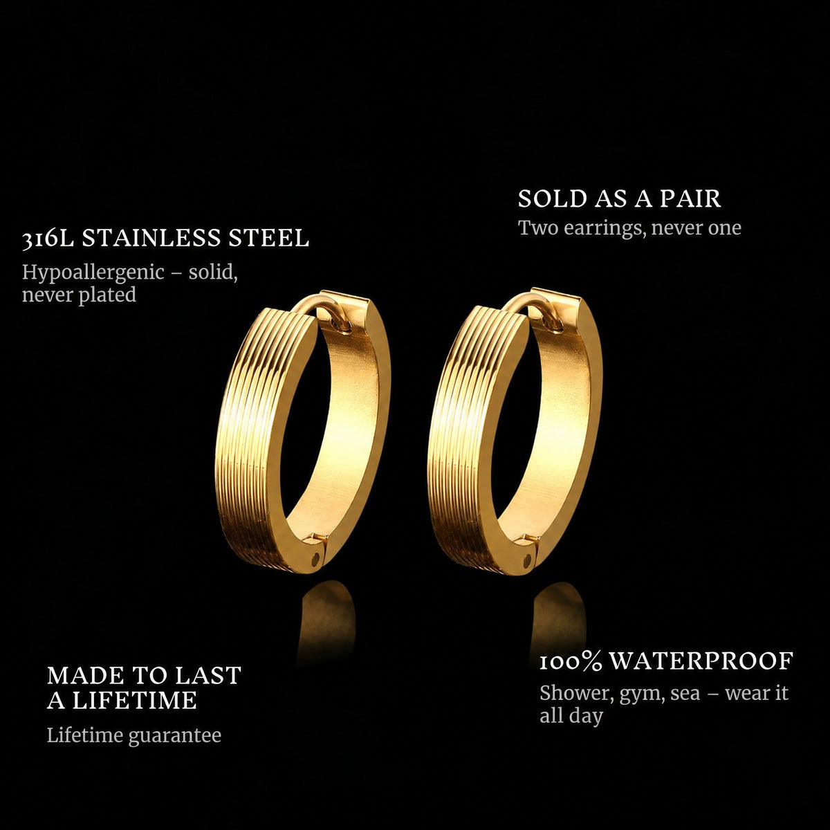 Gold Hoops features: 316L stainless steel, sold as a pair, 100% waterproof, lifetime guarantee
