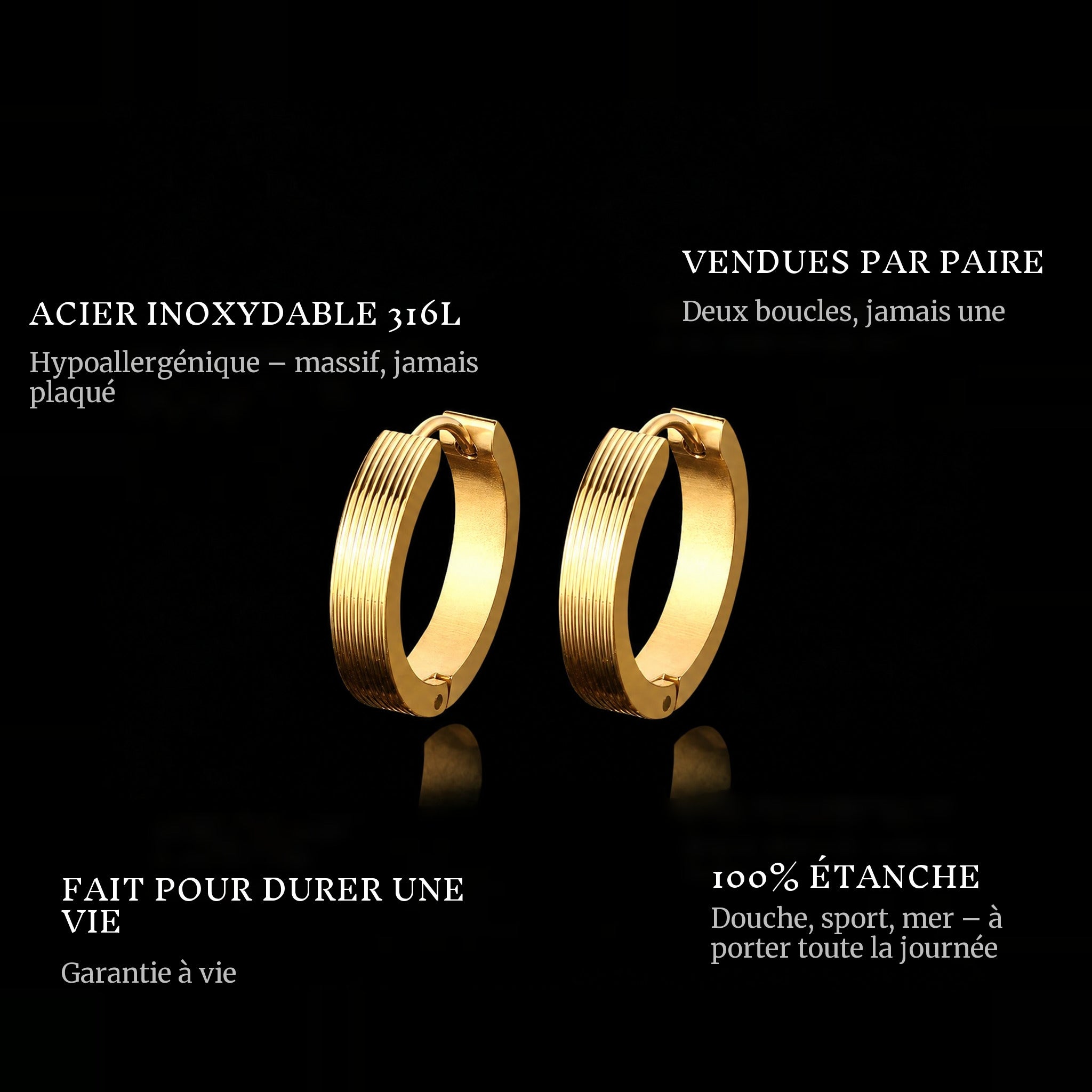 Gold Hoops features: 316L stainless steel, sold as a pair, 100% waterproof, lifetime guarantee