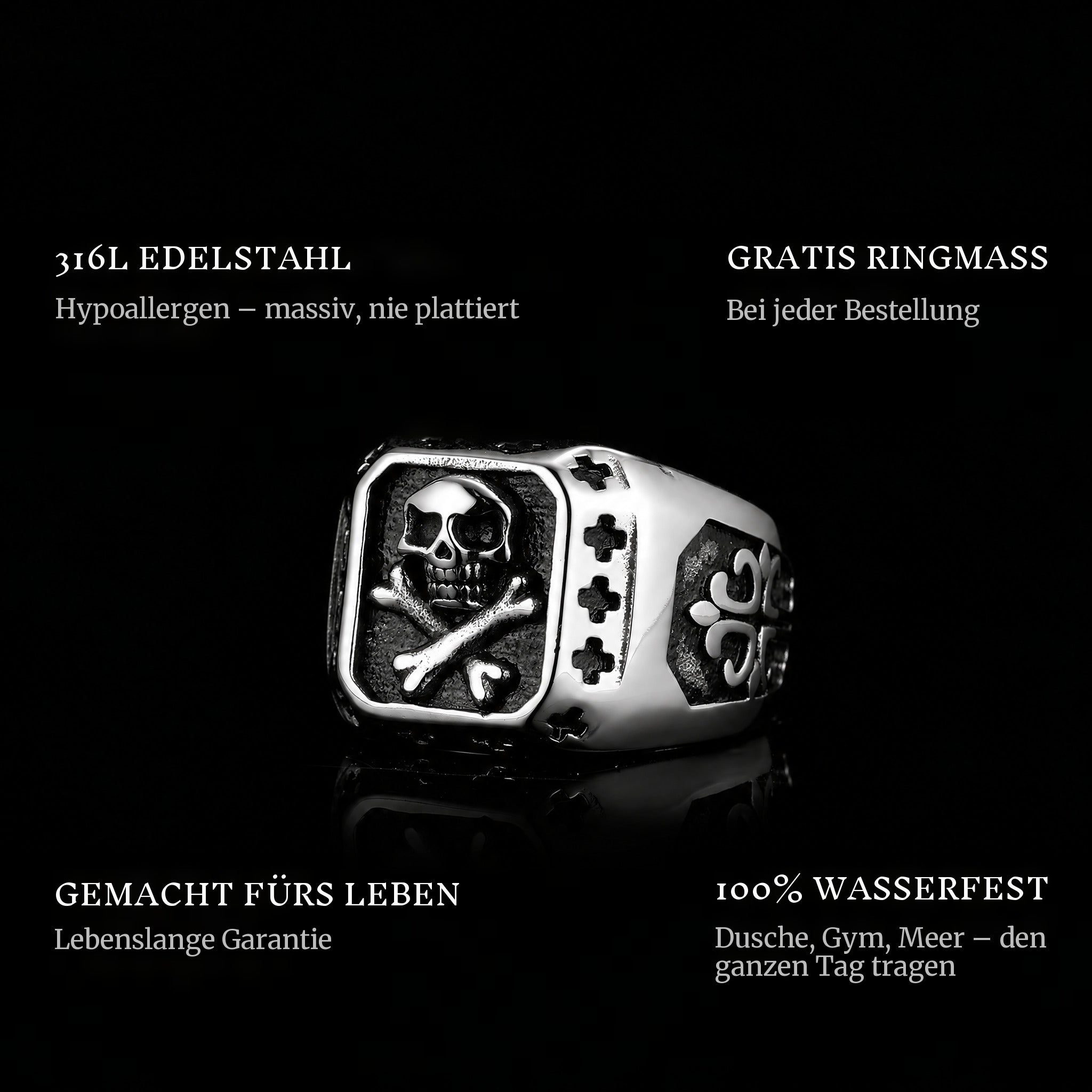 Golden Kill ring features: 316L stainless steel, free ring sizer in every order, 100% waterproof, lifetime guarantee