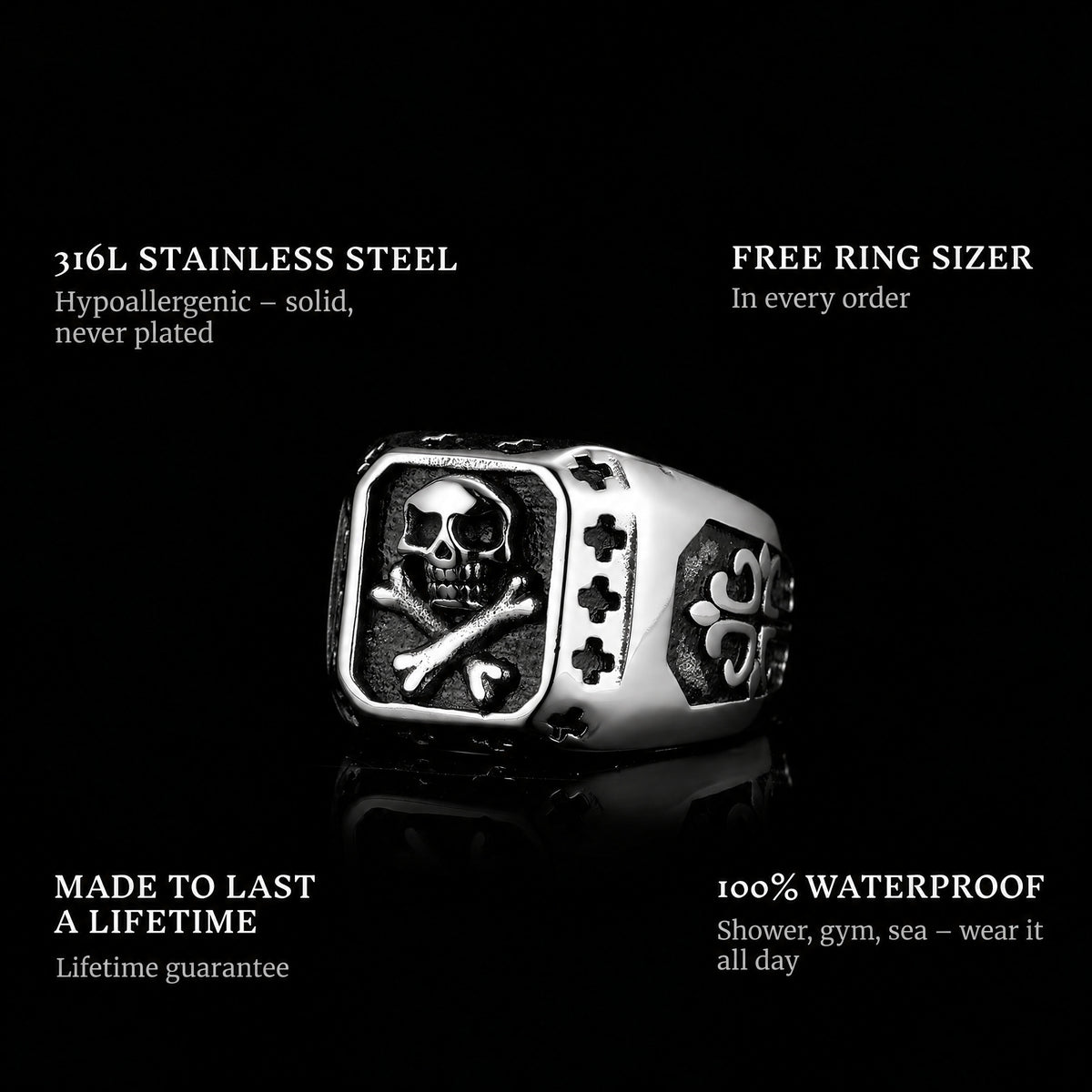 Golden Kill ring features: 316L stainless steel, free ring sizer in every order, 100% waterproof, lifetime guarantee