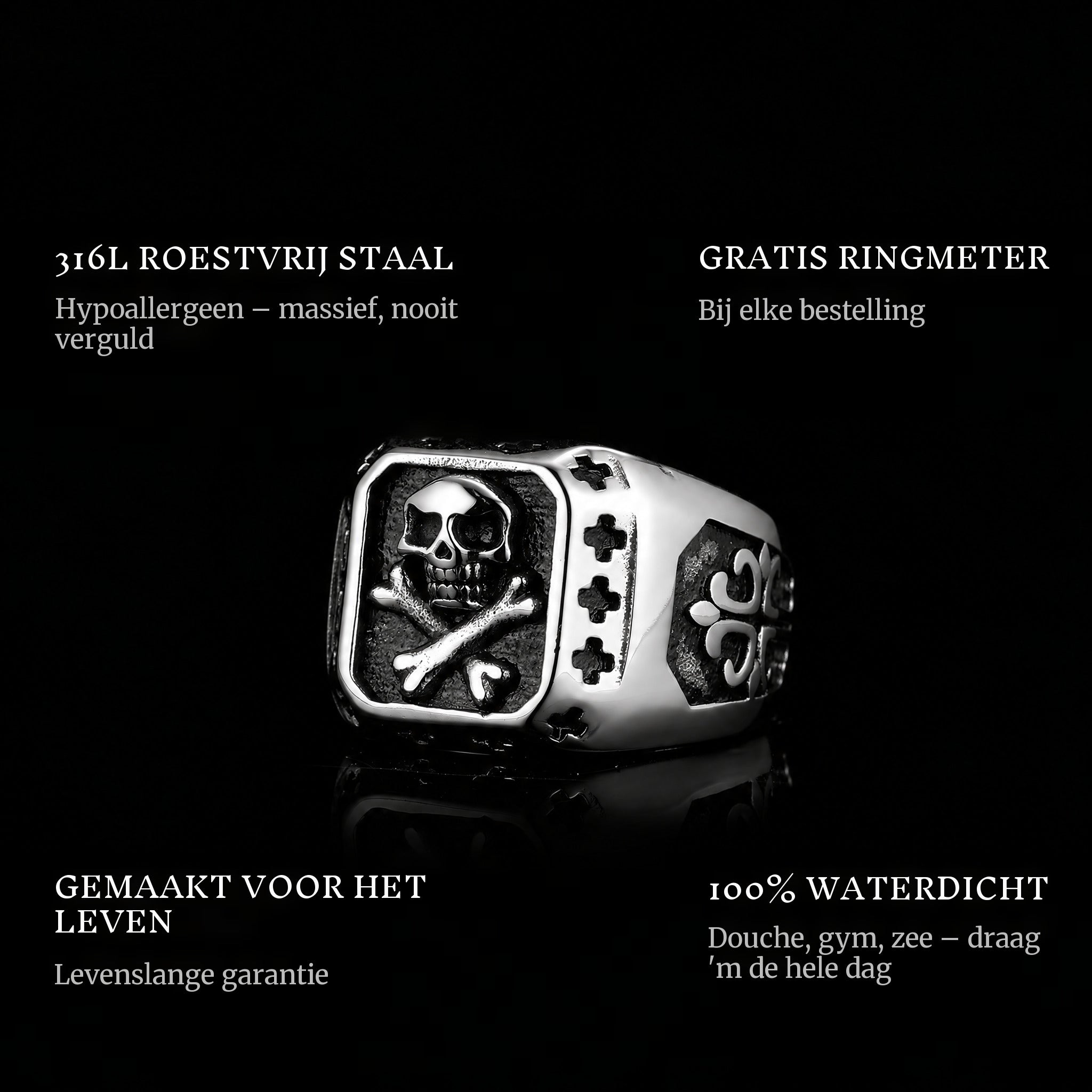 Golden Kill ring features: 316L stainless steel, free ring sizer in every order, 100% waterproof, lifetime guarantee